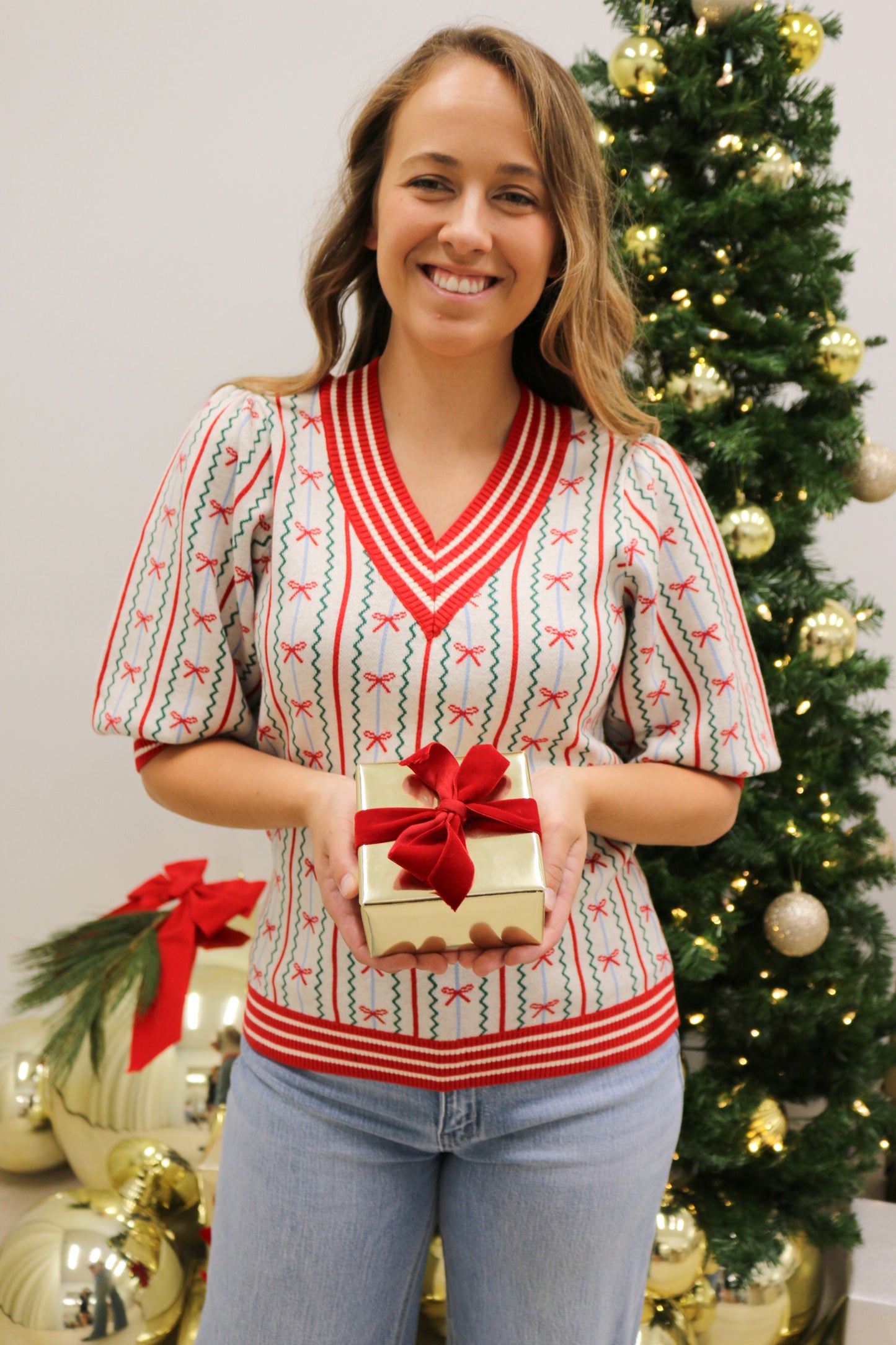 Faith in a Bow Holiday Sweater by Mary Square - Red Multi