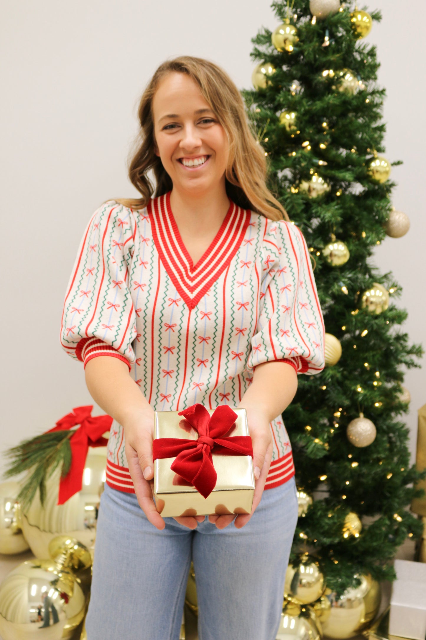 Faith in a Bow Holiday Sweater by Mary Square - Red Multi