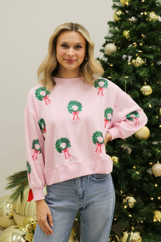 Millie Holiday Rosy Wreaths Embellished Sweatshirt by Mary Square - Pink Multi