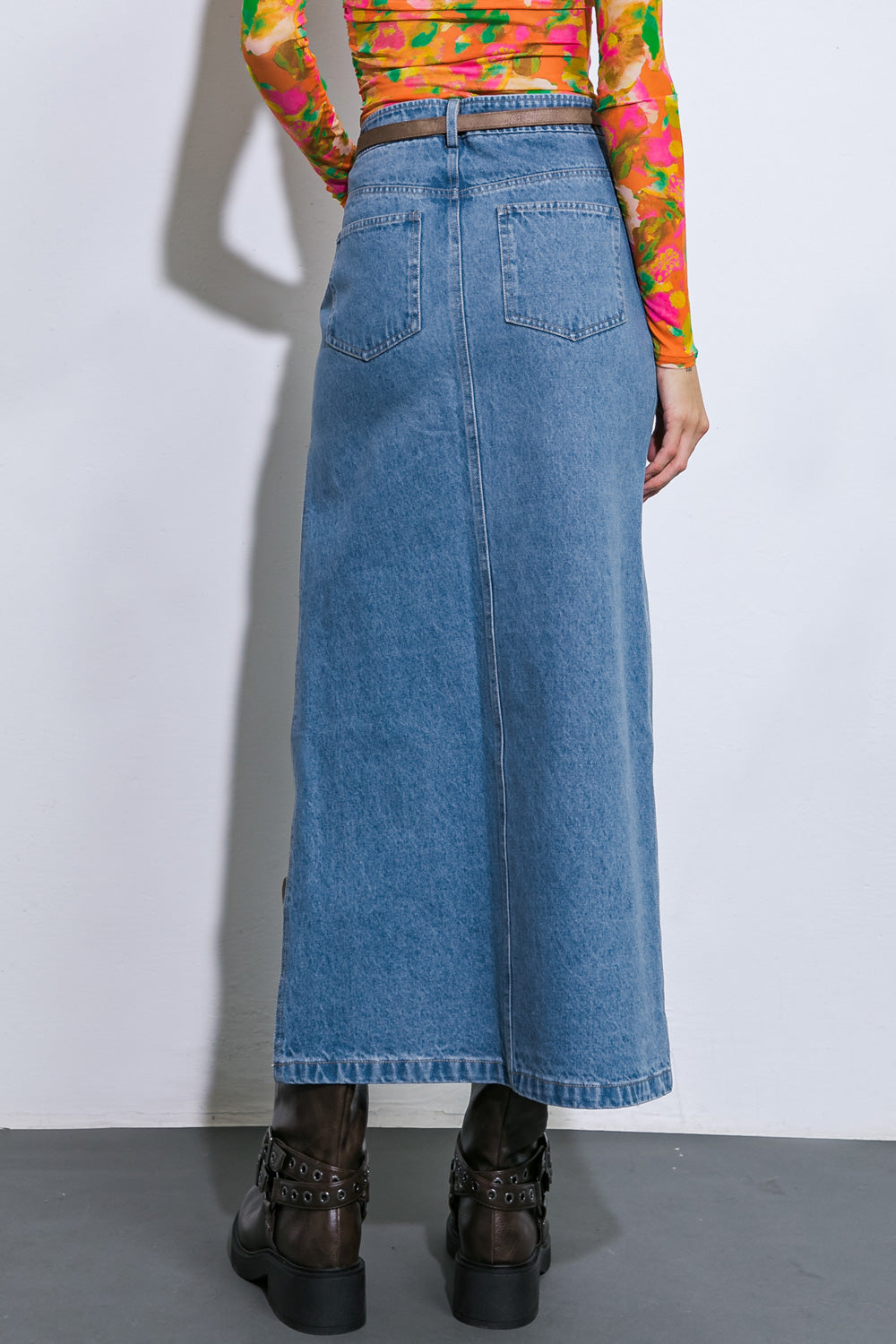 Michelle High Waisted Side Slit Denim Midi Skirt - Denim Blue