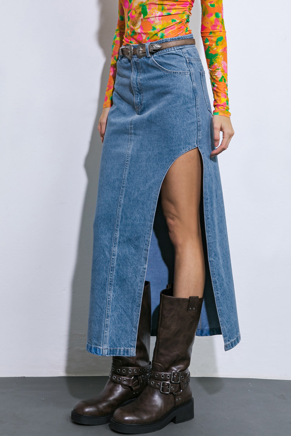 Michelle High Waisted Side Slit Denim Midi Skirt - Denim Blue