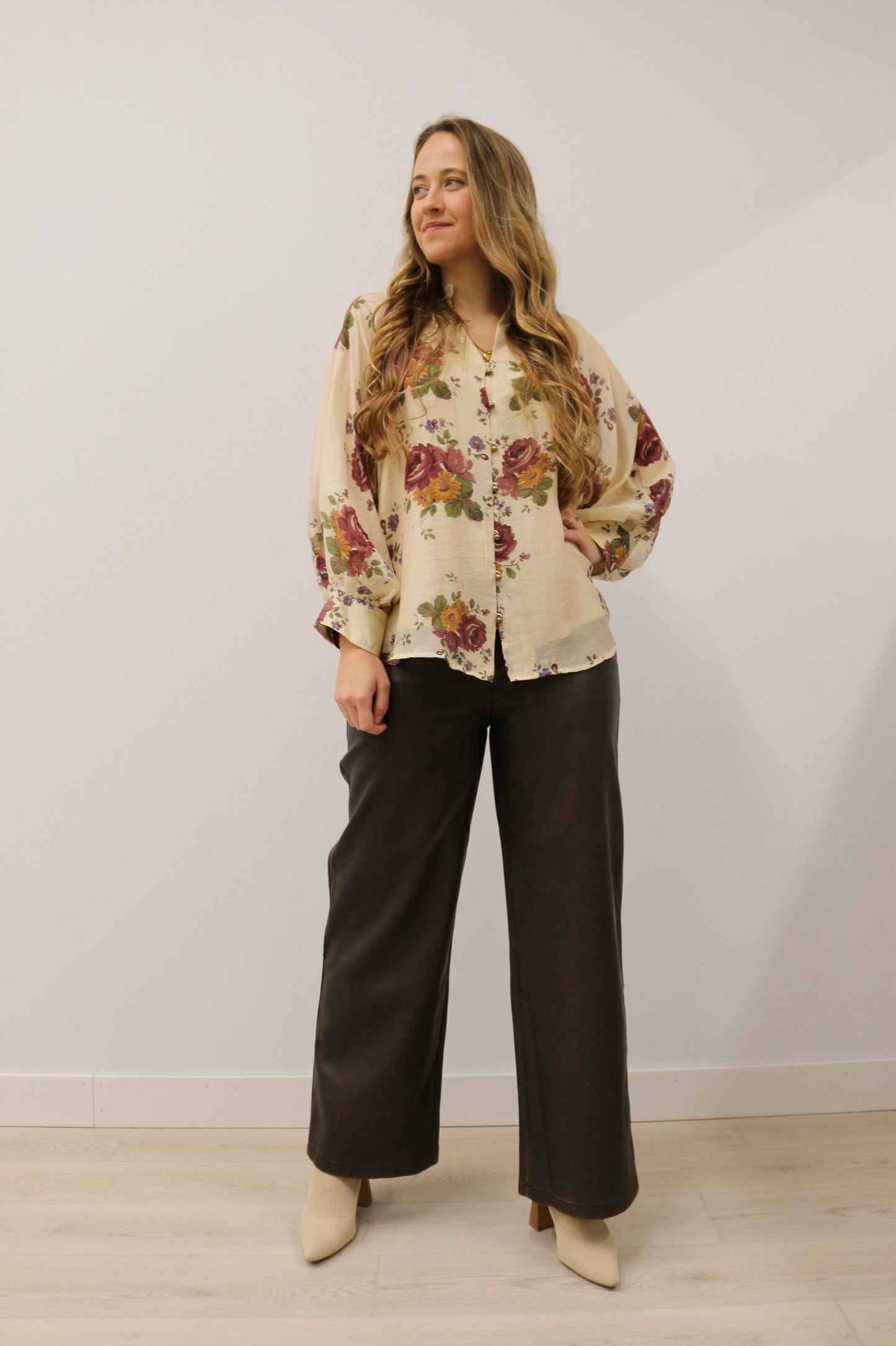 Nara Button Front Floral Print Long Sleeve Woven Top - Ecru Multi