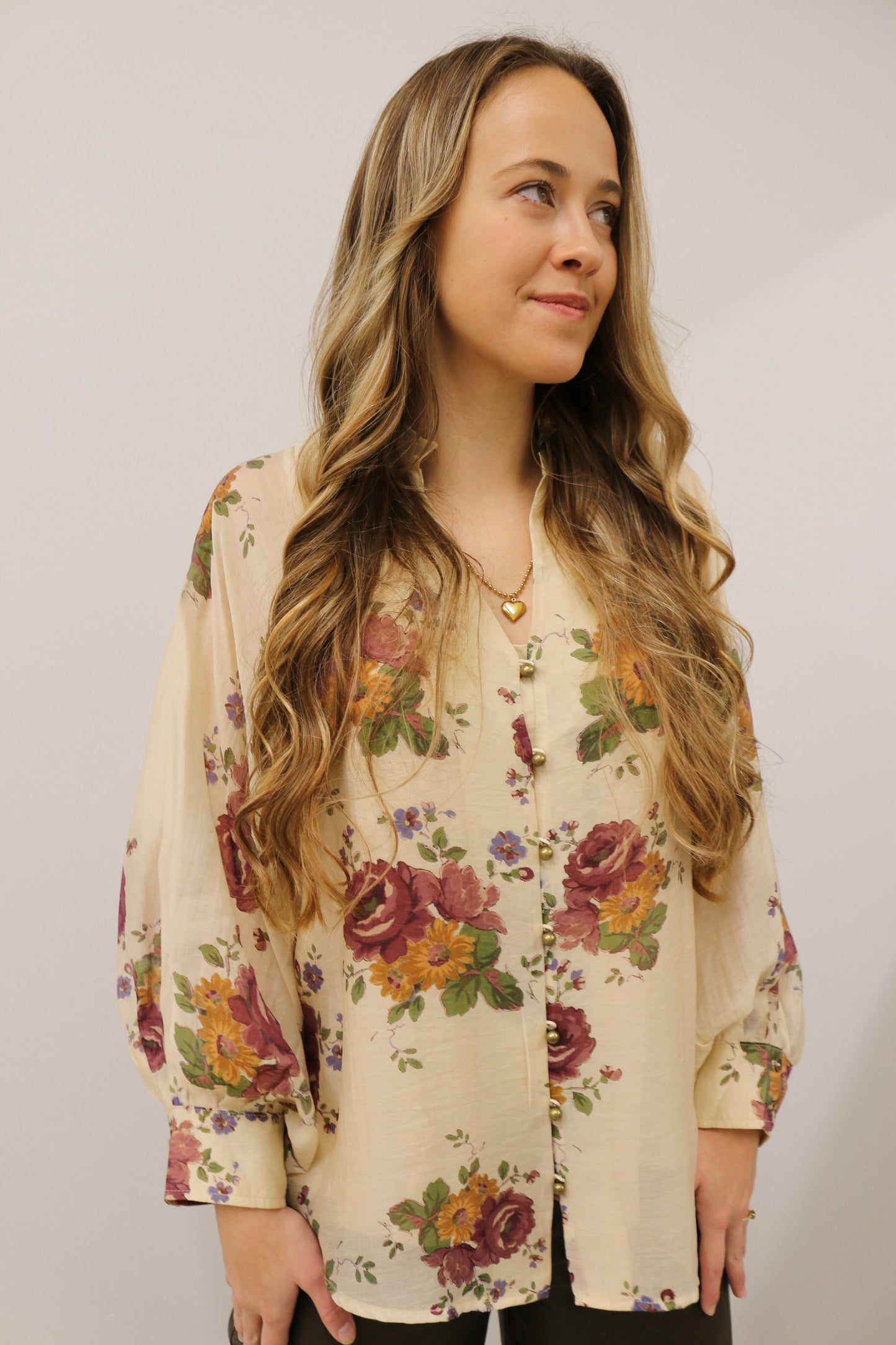 Nara Button Front Floral Print Long Sleeve Woven Top - Ecru Multi