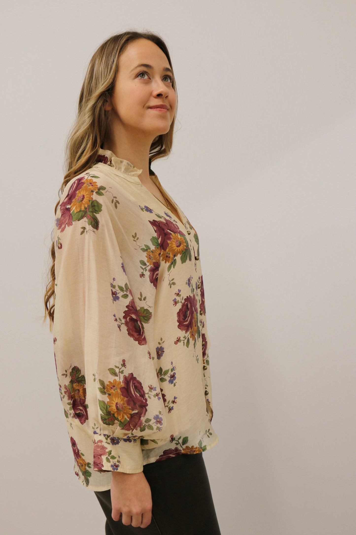 Nara Button Front Floral Print Long Sleeve Woven Top - Ecru Multi