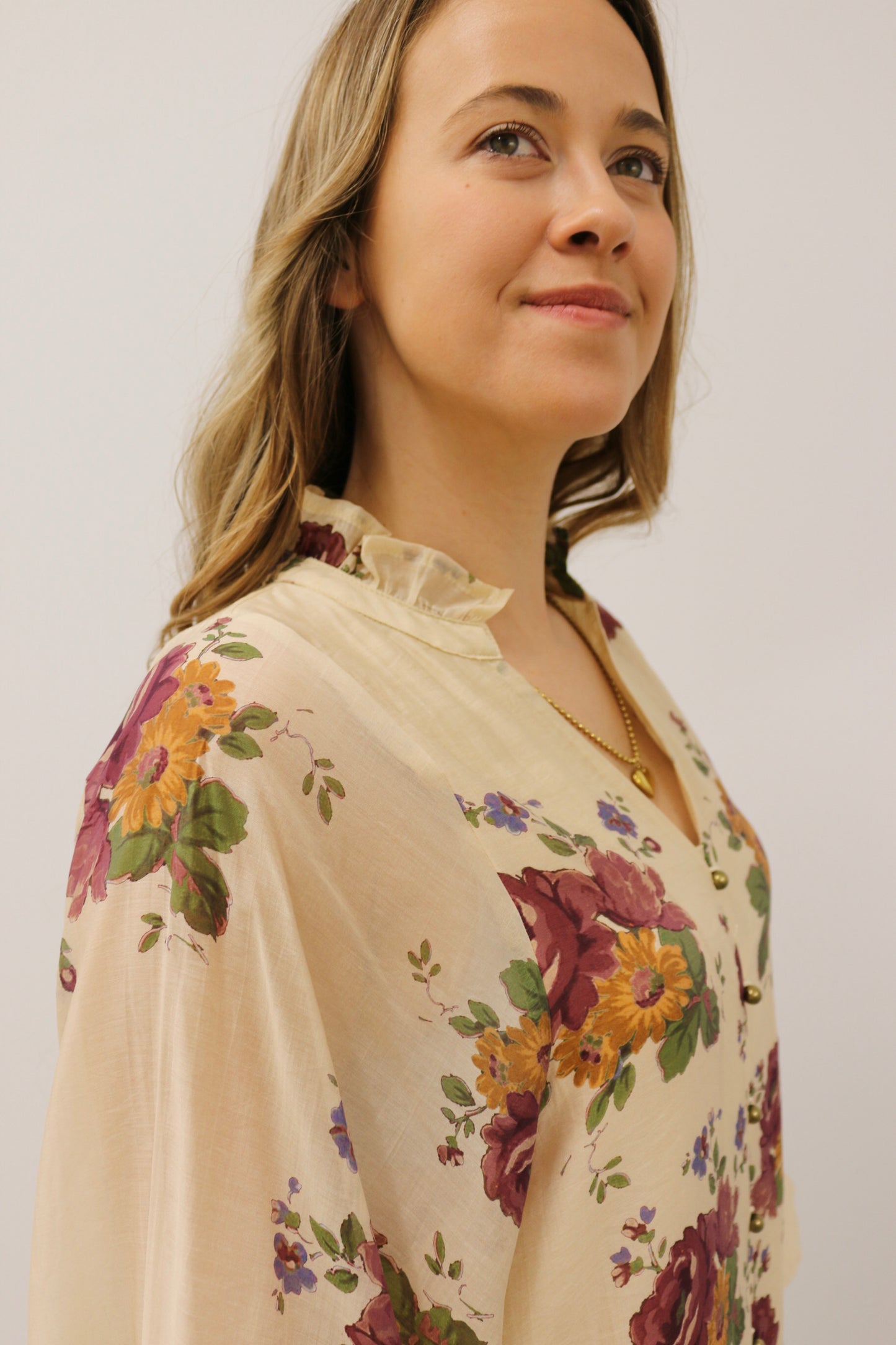 Nara Button Front Floral Print Long Sleeve Woven Top - Ecru Multi