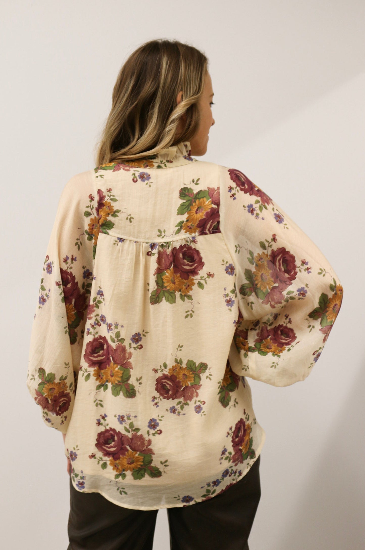 Nara Button Front Floral Print Long Sleeve Woven Top - Ecru Multi