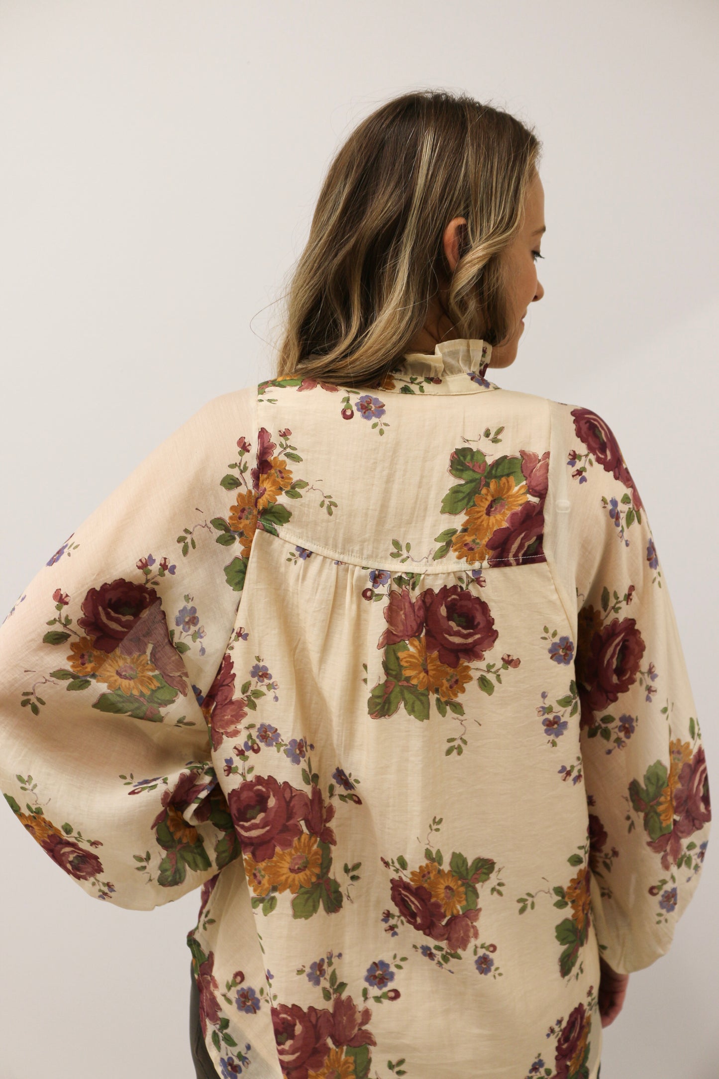 Nara Button Front Floral Print Long Sleeve Woven Top - Ecru Multi