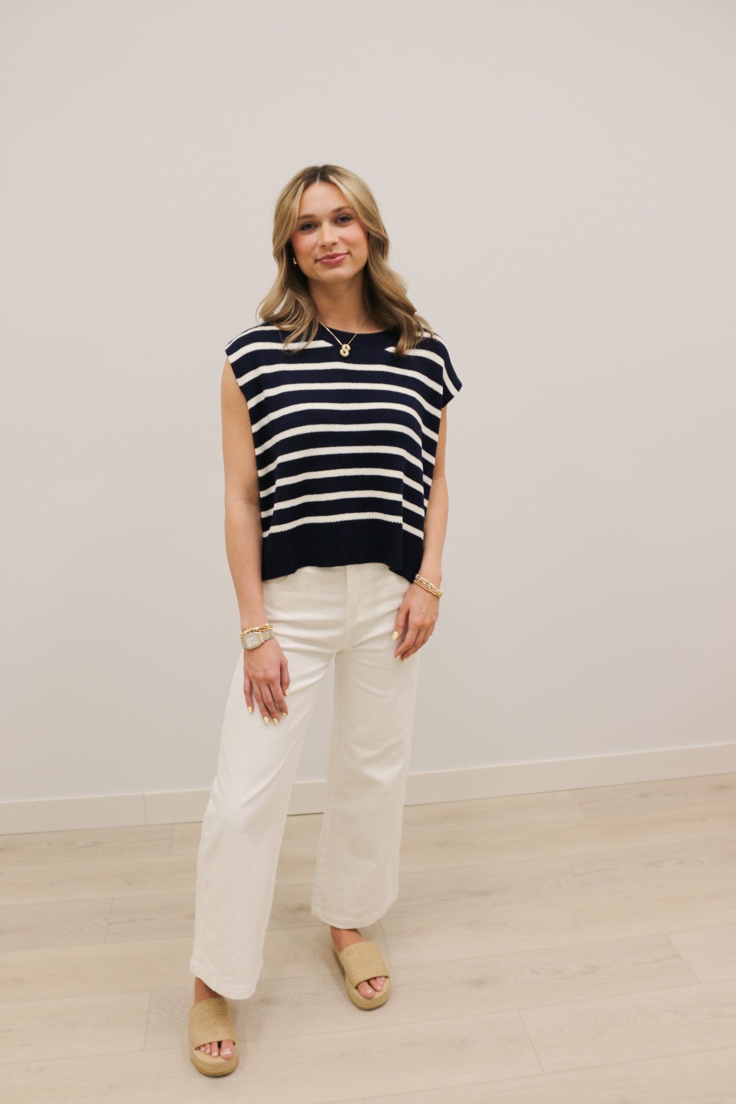 Relaxed Stripe Knit Short Sleeve Pullover - Navy Multi