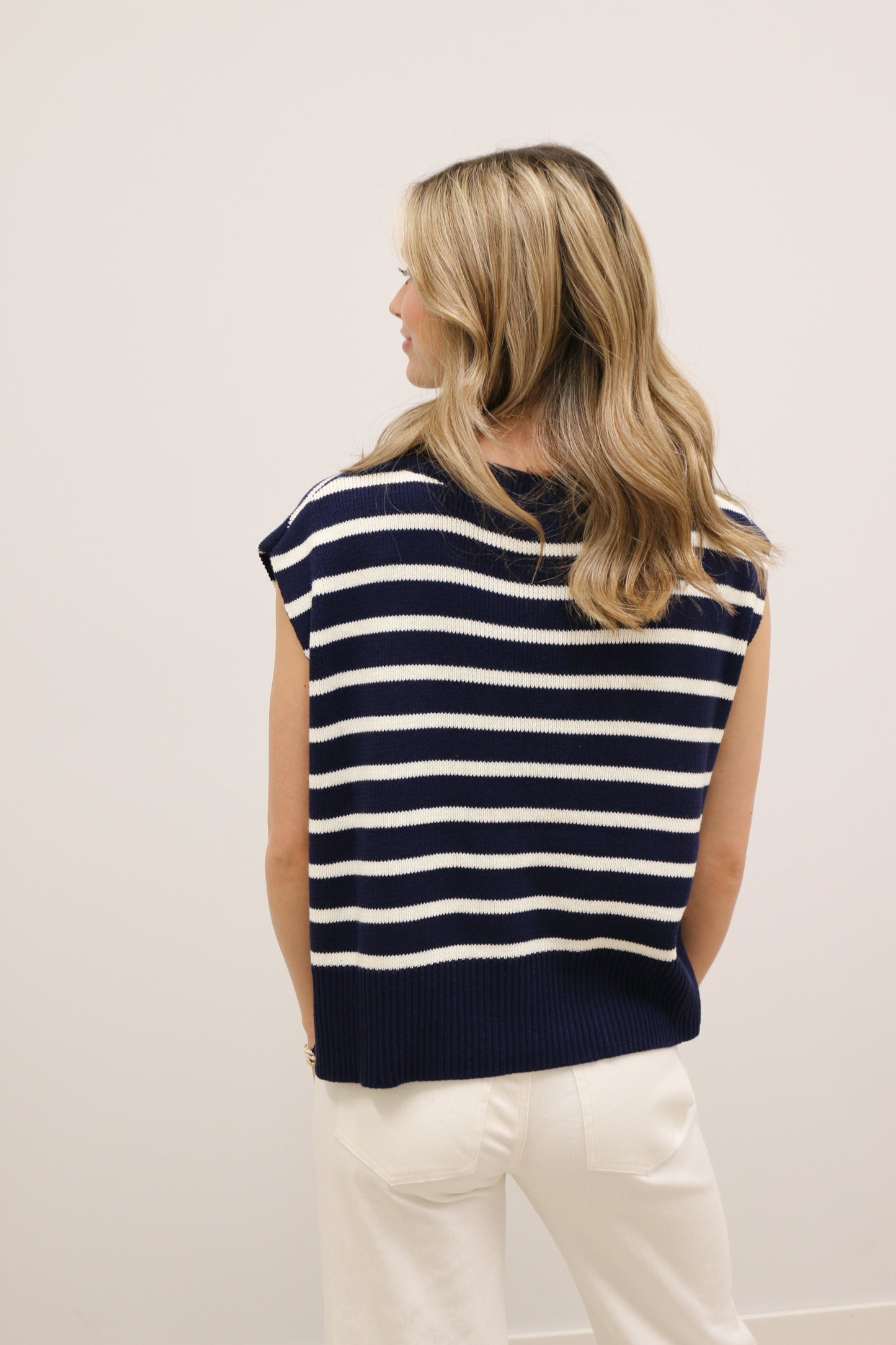 Relaxed Stripe Knit Short Sleeve Pullover - Navy Multi
