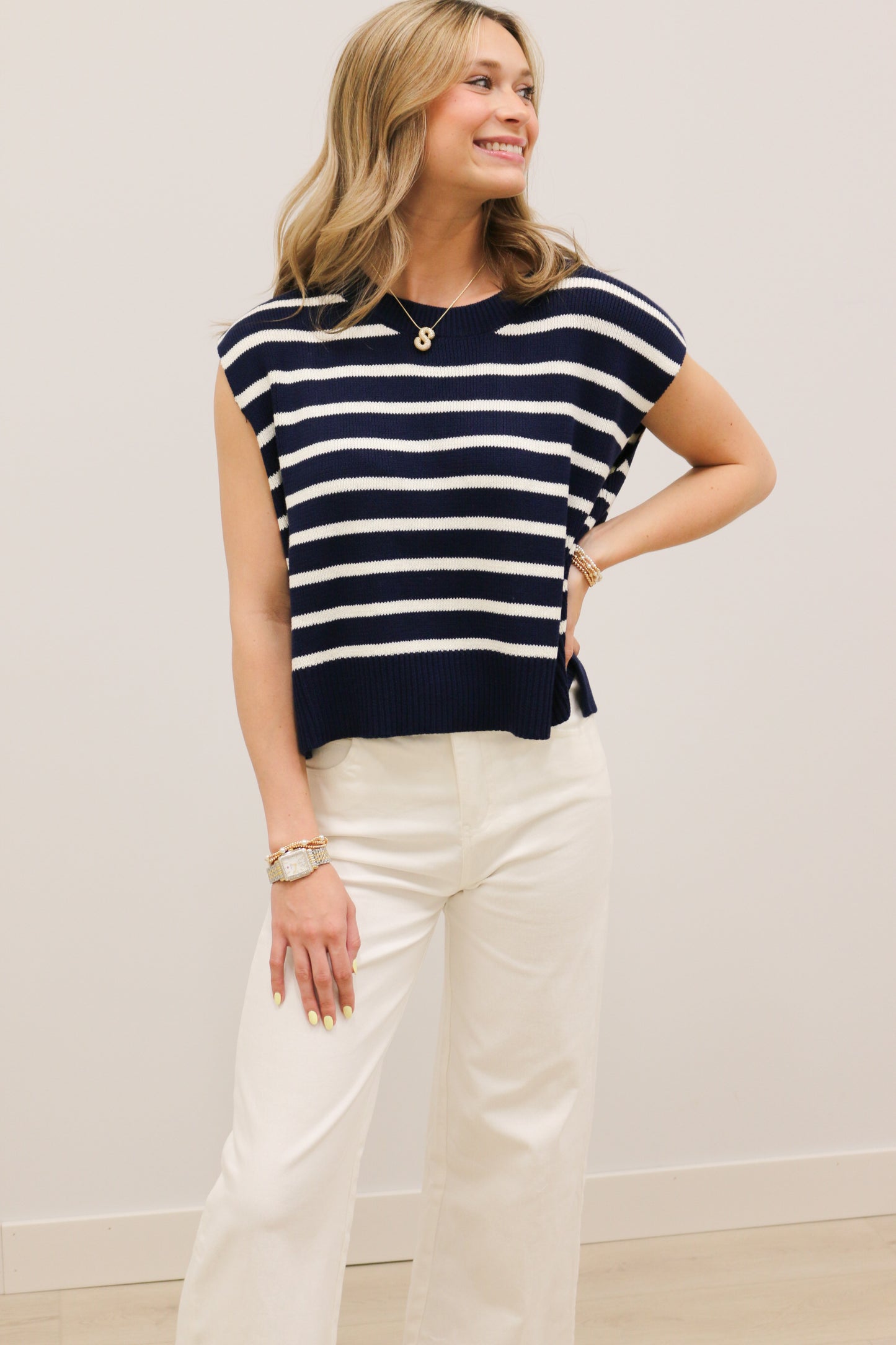 Relaxed Stripe Knit Short Sleeve Pullover - Navy Multi