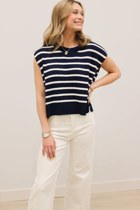 Relaxed Stripe Knit Short Sleeve Pullover - Navy Multi