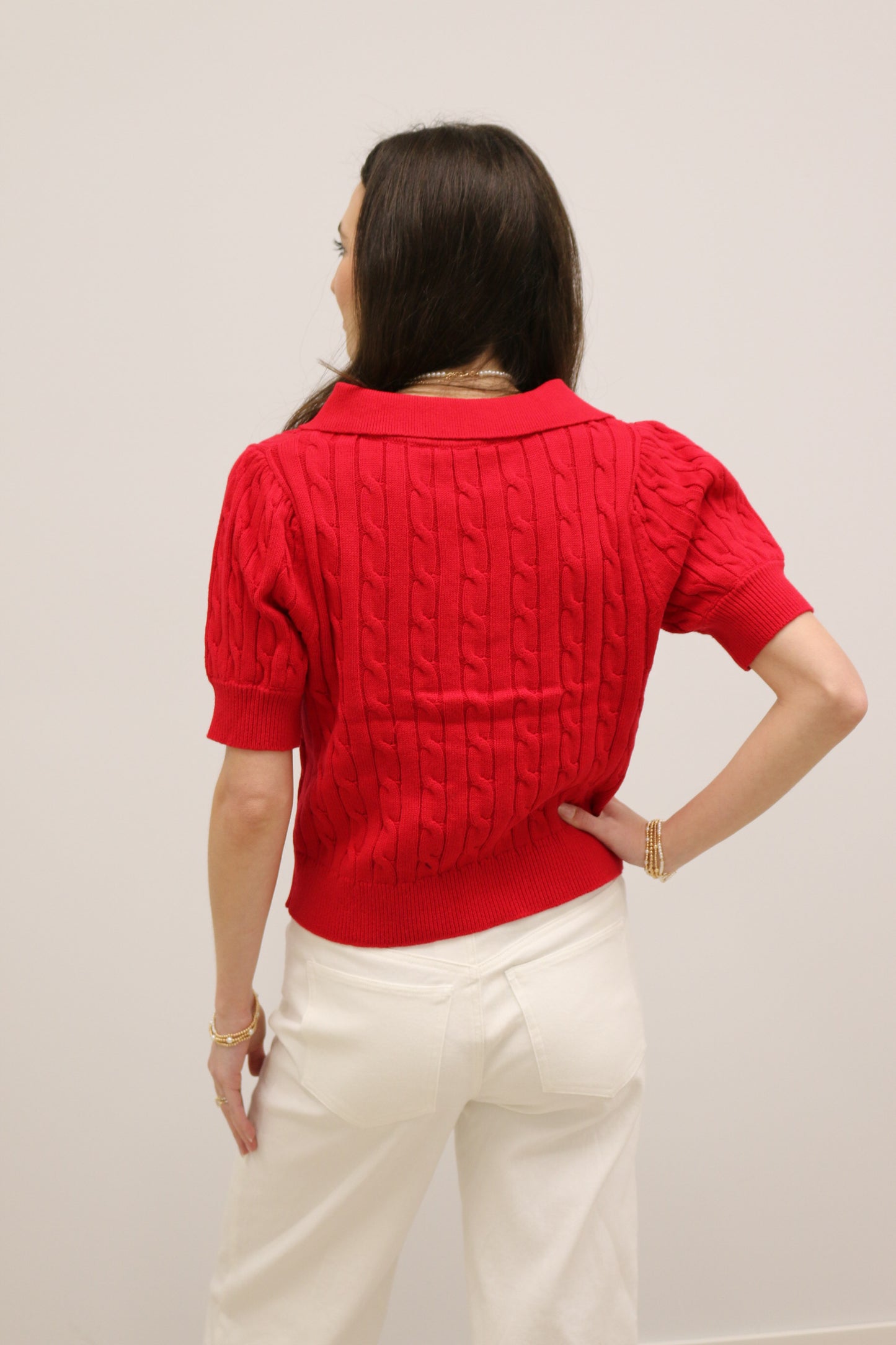 Newport Short Sleeve Collared Cable Knit Pullover - Red