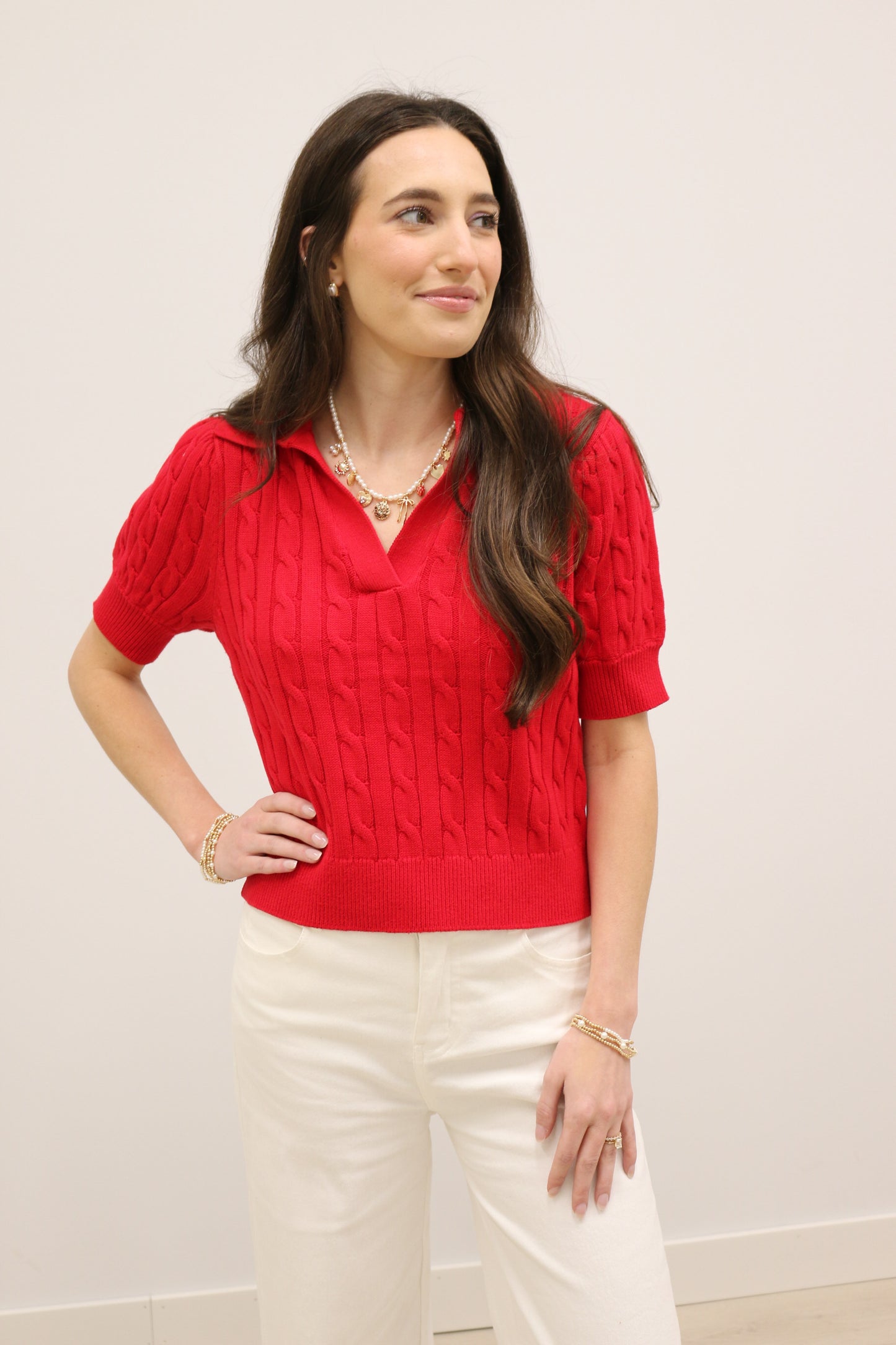 Newport Short Sleeve Collared Cable Knit Pullover - Red
