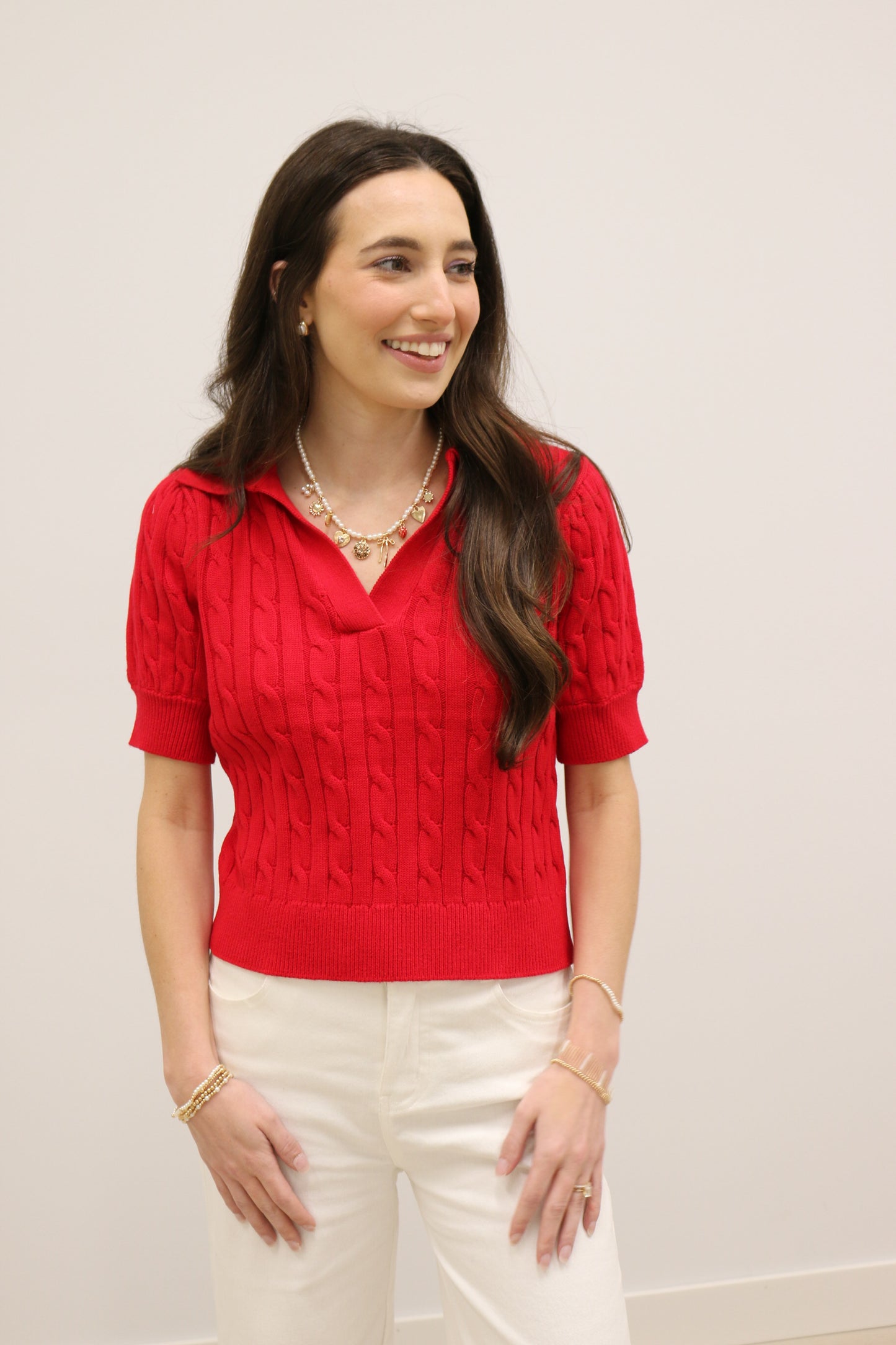 Newport Short Sleeve Collared Cable Knit Pullover - Red