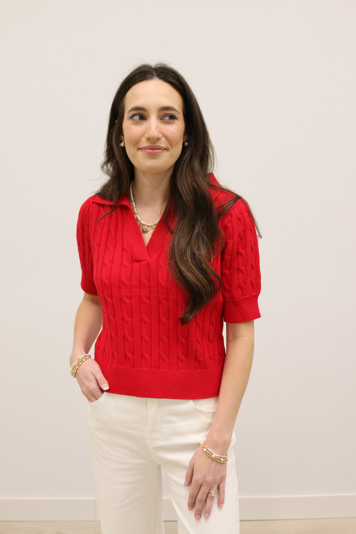 Newport Short Sleeve Collared Cable Knit Pullover - Red