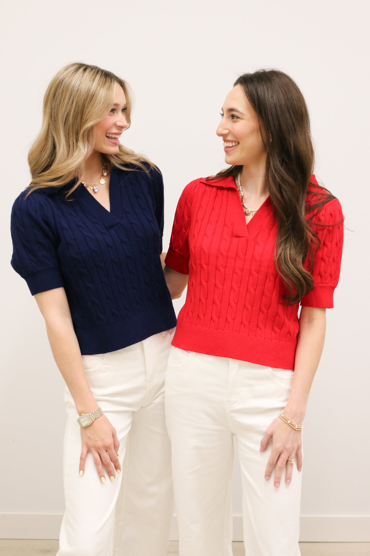 Newport Short Sleeve Collared Cable Knit Pullover - Red