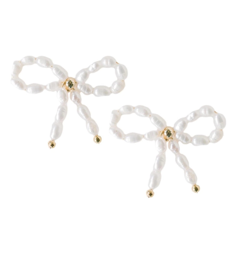 Petite Pearl Beaded Bow Earrings - Pearl Gold Multi