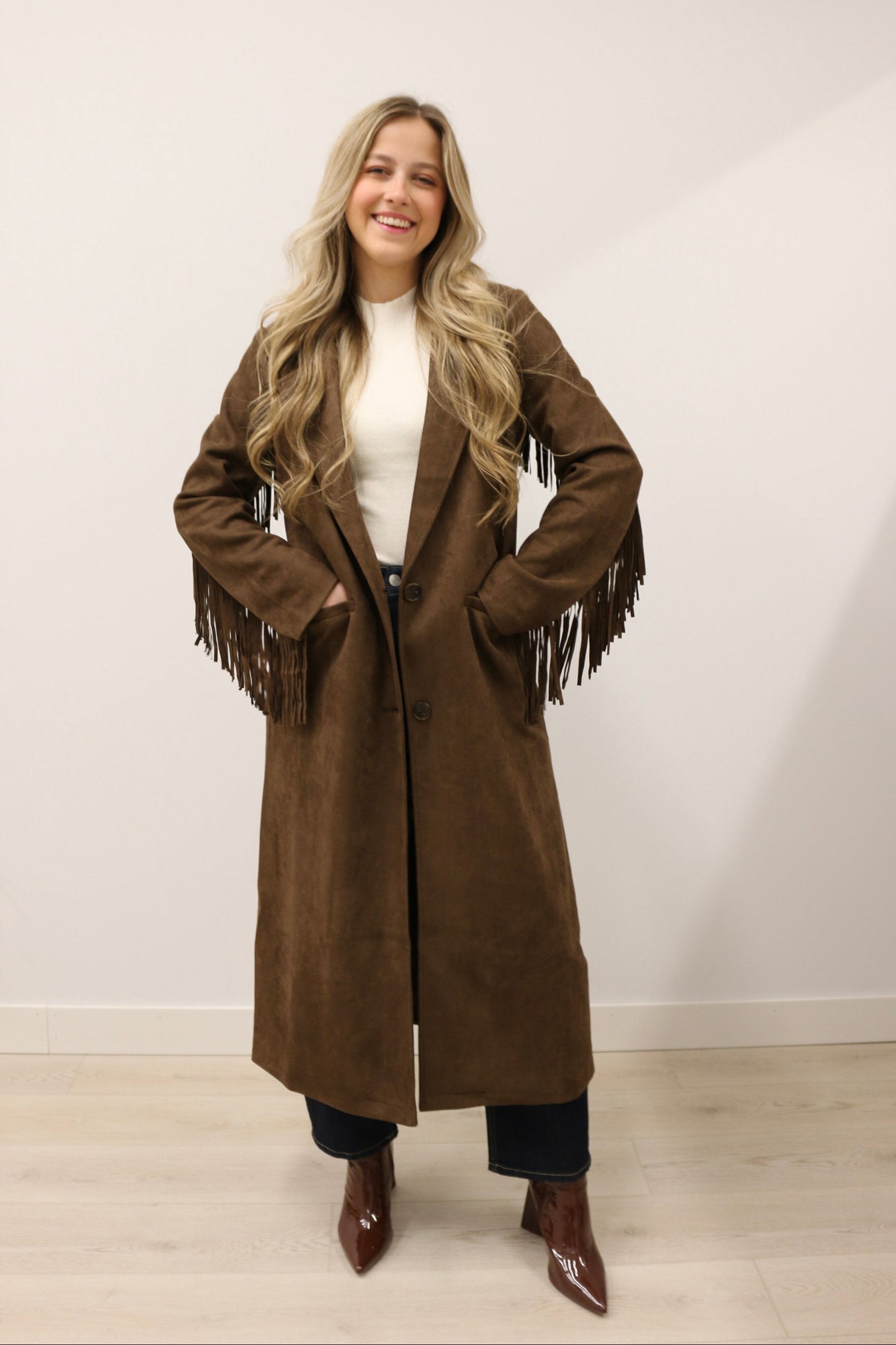 Rebecca Fringe Trim Long Sleeve Suede Maxi Coat - Deep Chocolate Brown