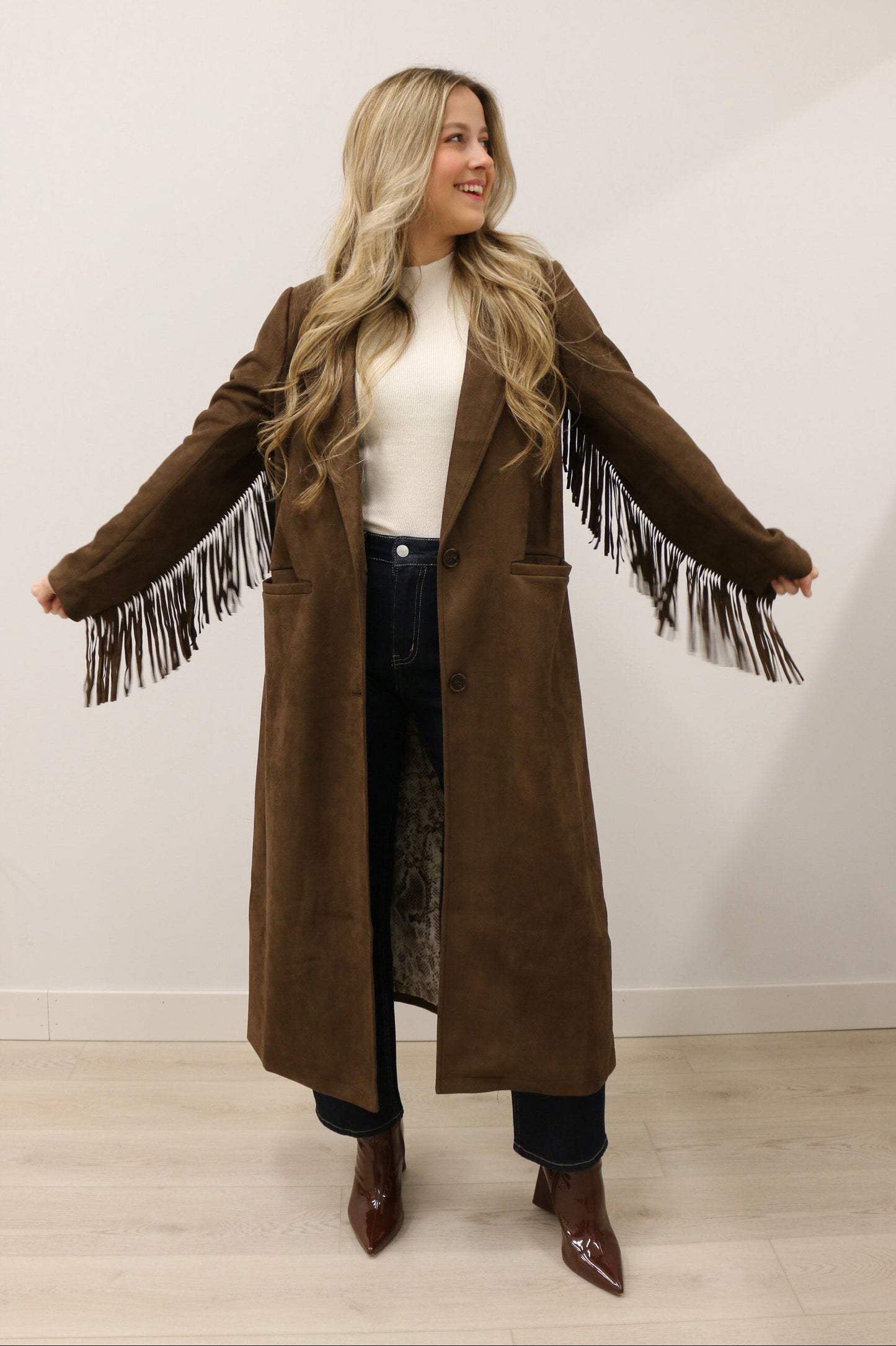 Rebecca Fringe Trim Long Sleeve Suede Maxi Coat - Deep Chocolate Brown