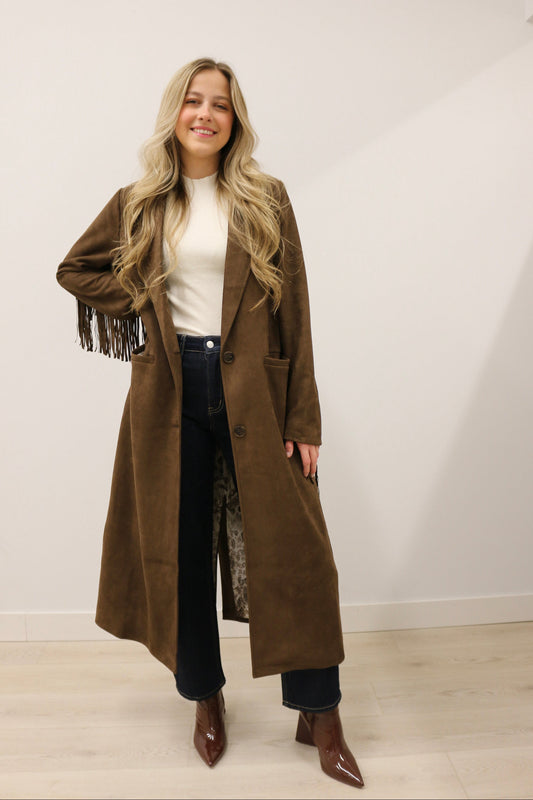 Rebecca Fringe Trim Long Sleeve Suede Maxi Coat - Deep Chocolate Brown