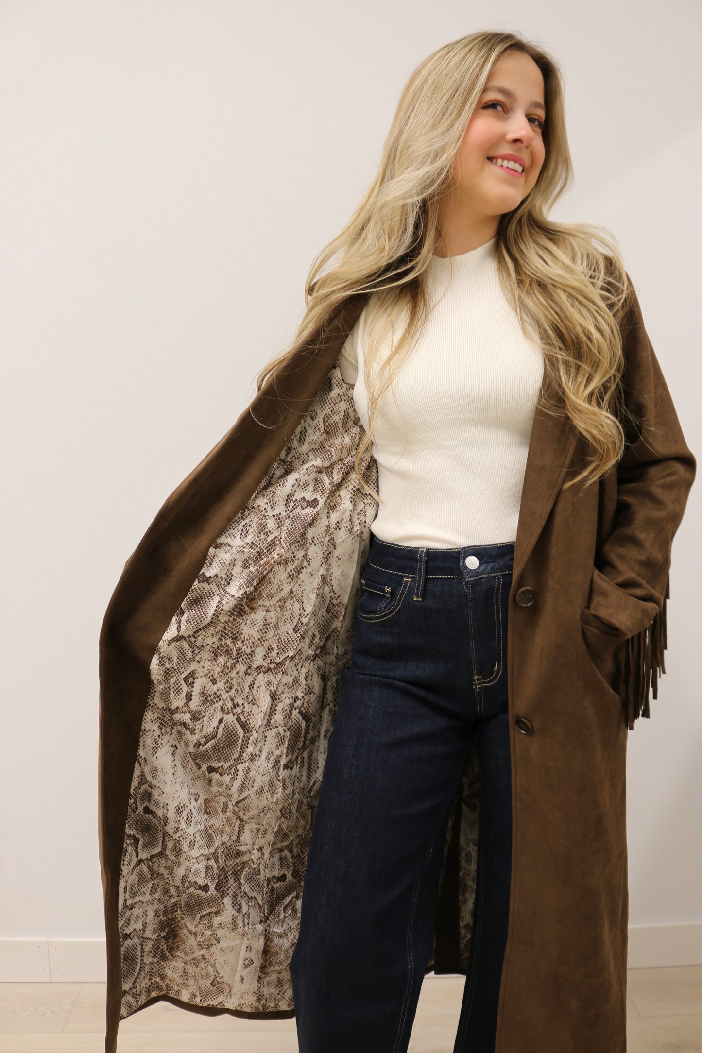 Rebecca Fringe Trim Long Sleeve Suede Maxi Coat - Deep Chocolate Brown