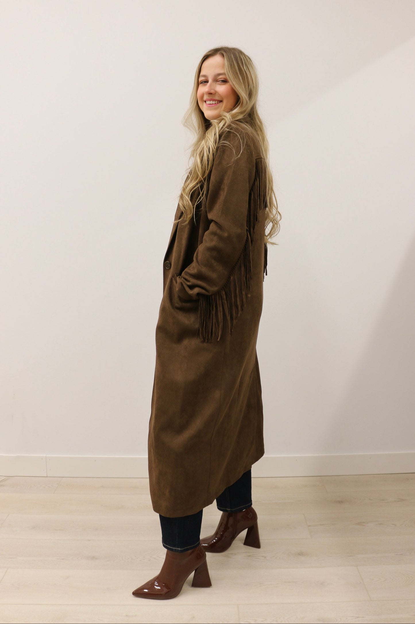 Rebecca Fringe Trim Long Sleeve Suede Maxi Coat - Deep Chocolate Brown