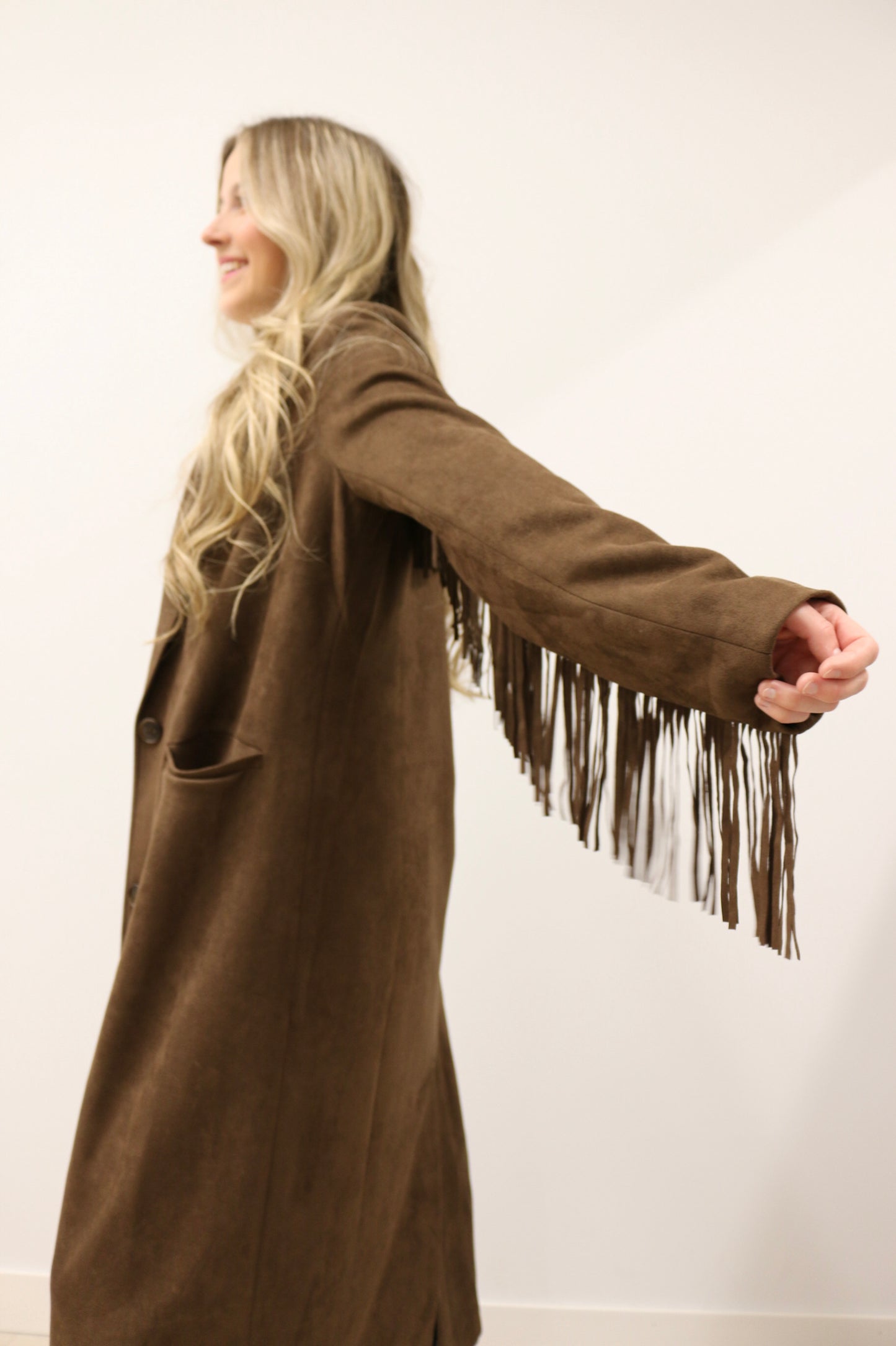 Rebecca Fringe Trim Long Sleeve Suede Maxi Coat - Deep Chocolate Brown