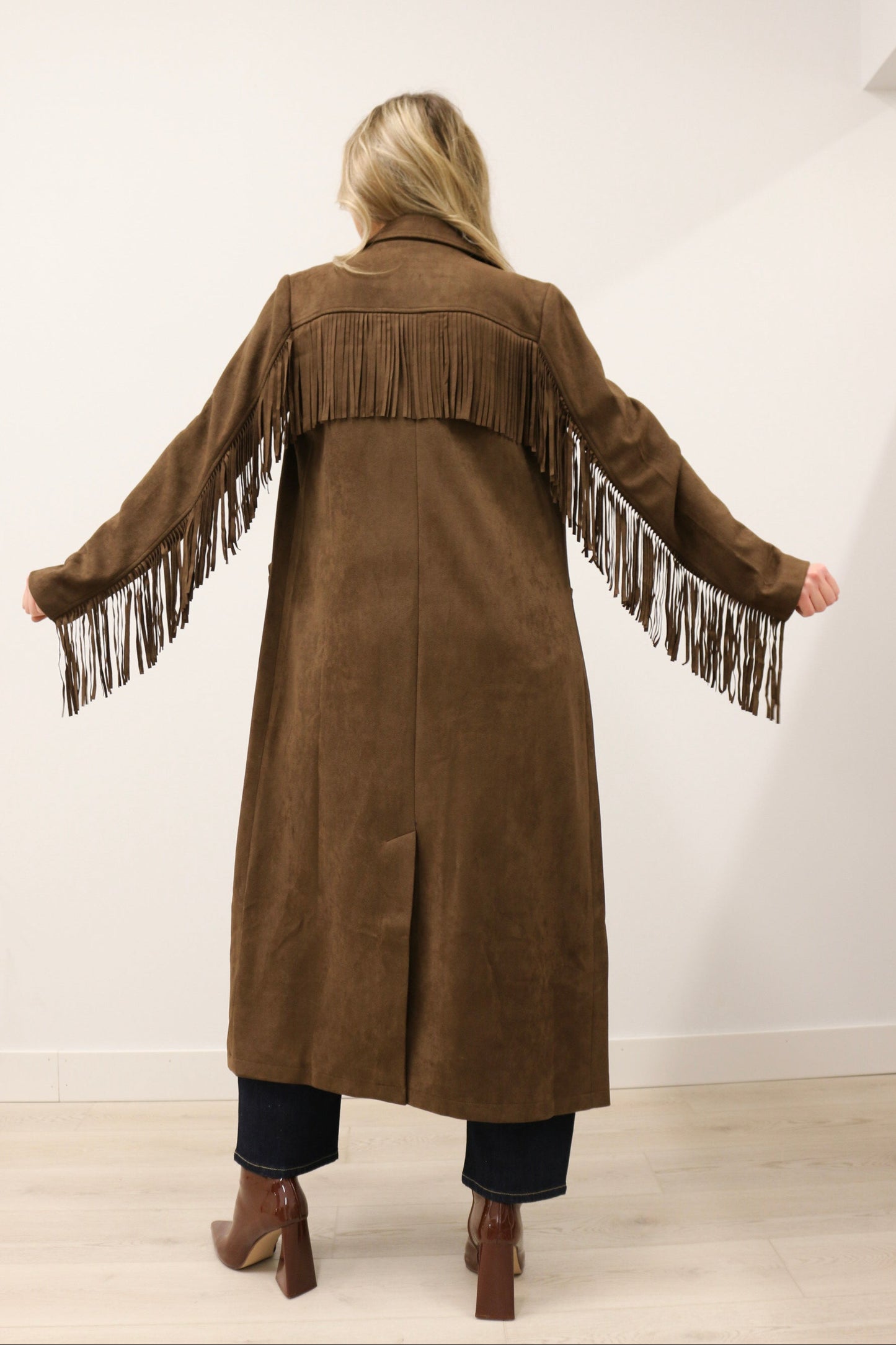 Rebecca Fringe Trim Long Sleeve Suede Maxi Coat - Deep Chocolate Brown