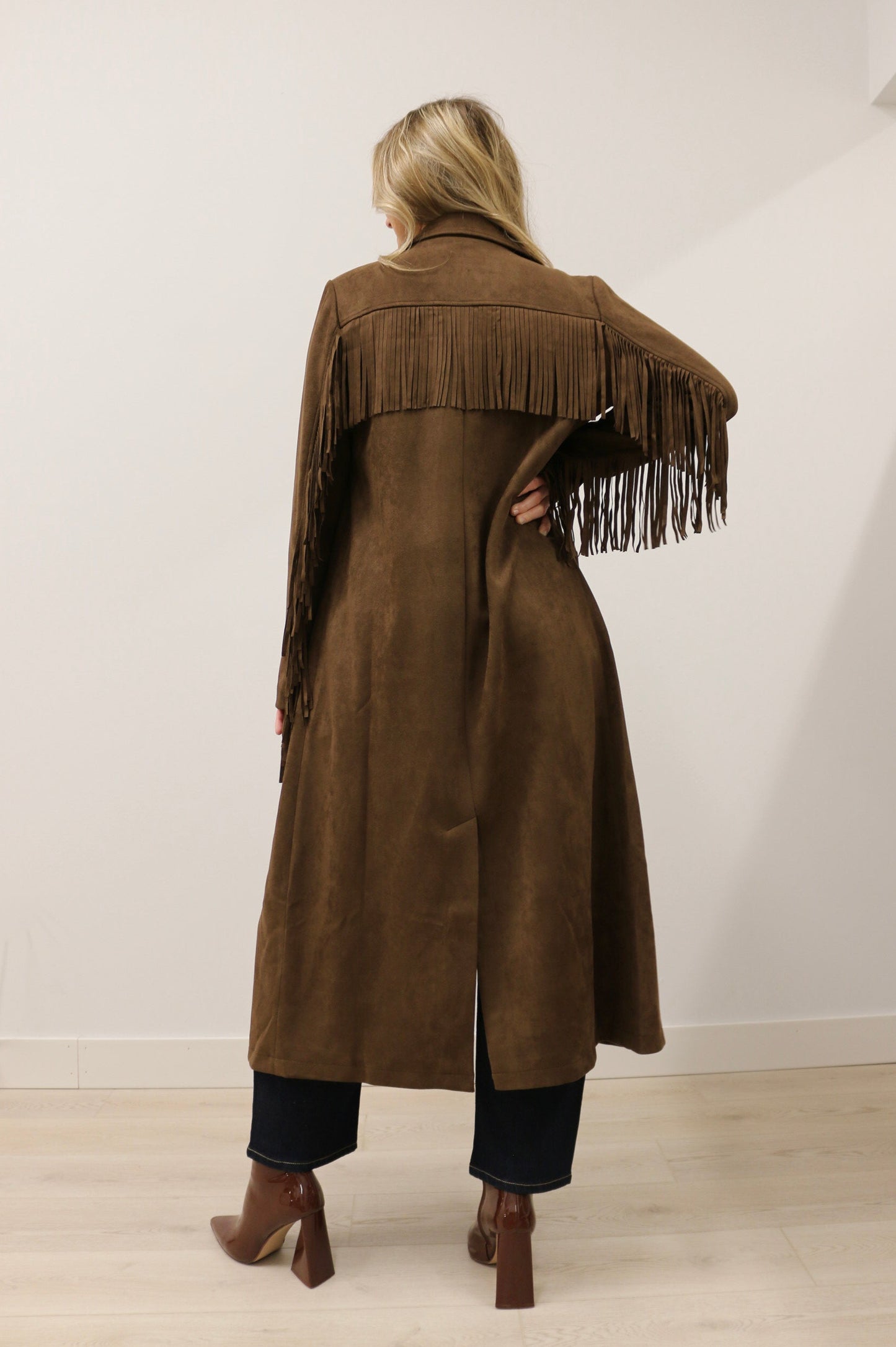 Rebecca Fringe Trim Long Sleeve Suede Maxi Coat - Deep Chocolate Brown