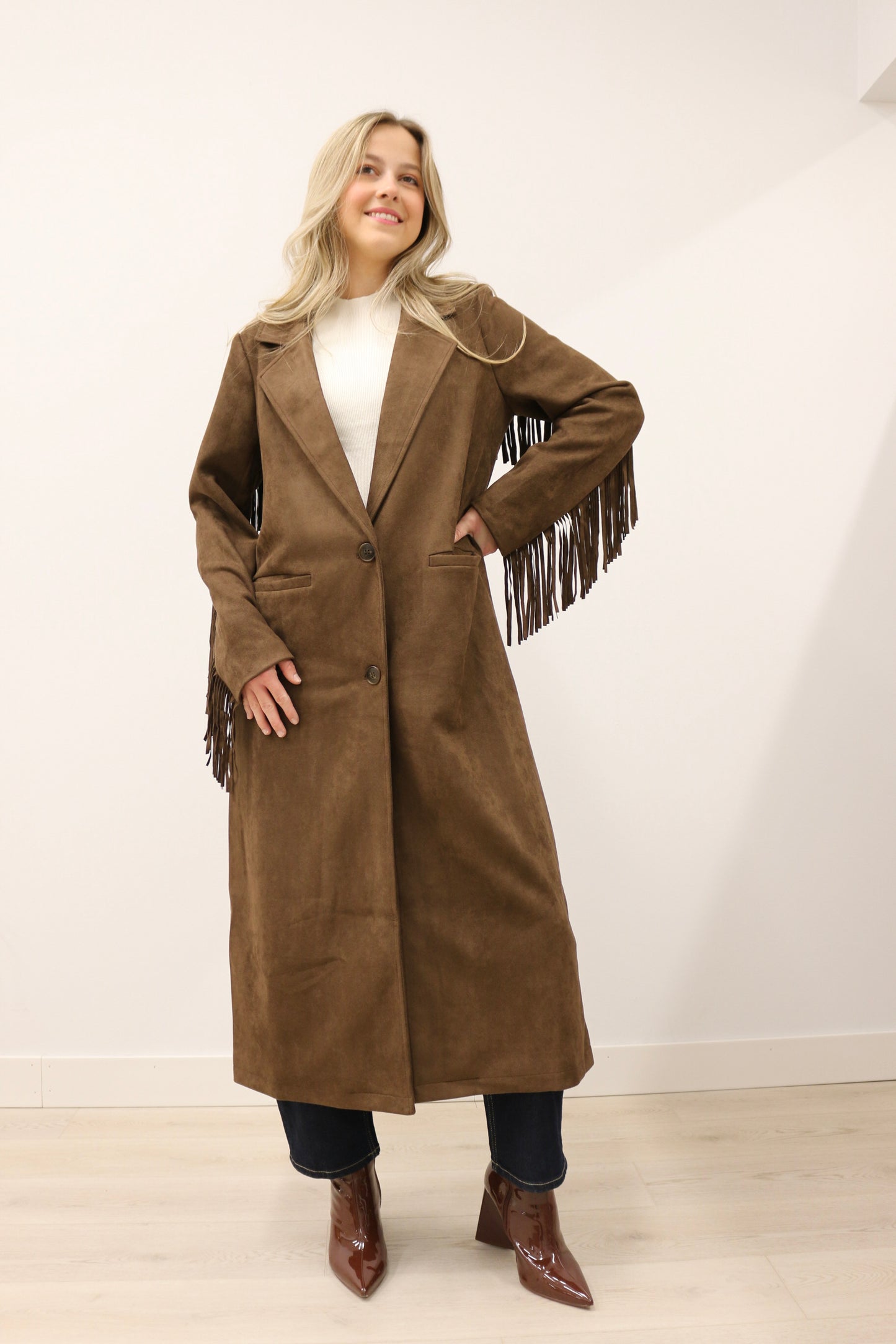 Rebecca Fringe Trim Long Sleeve Suede Maxi Coat - Deep Chocolate Brown