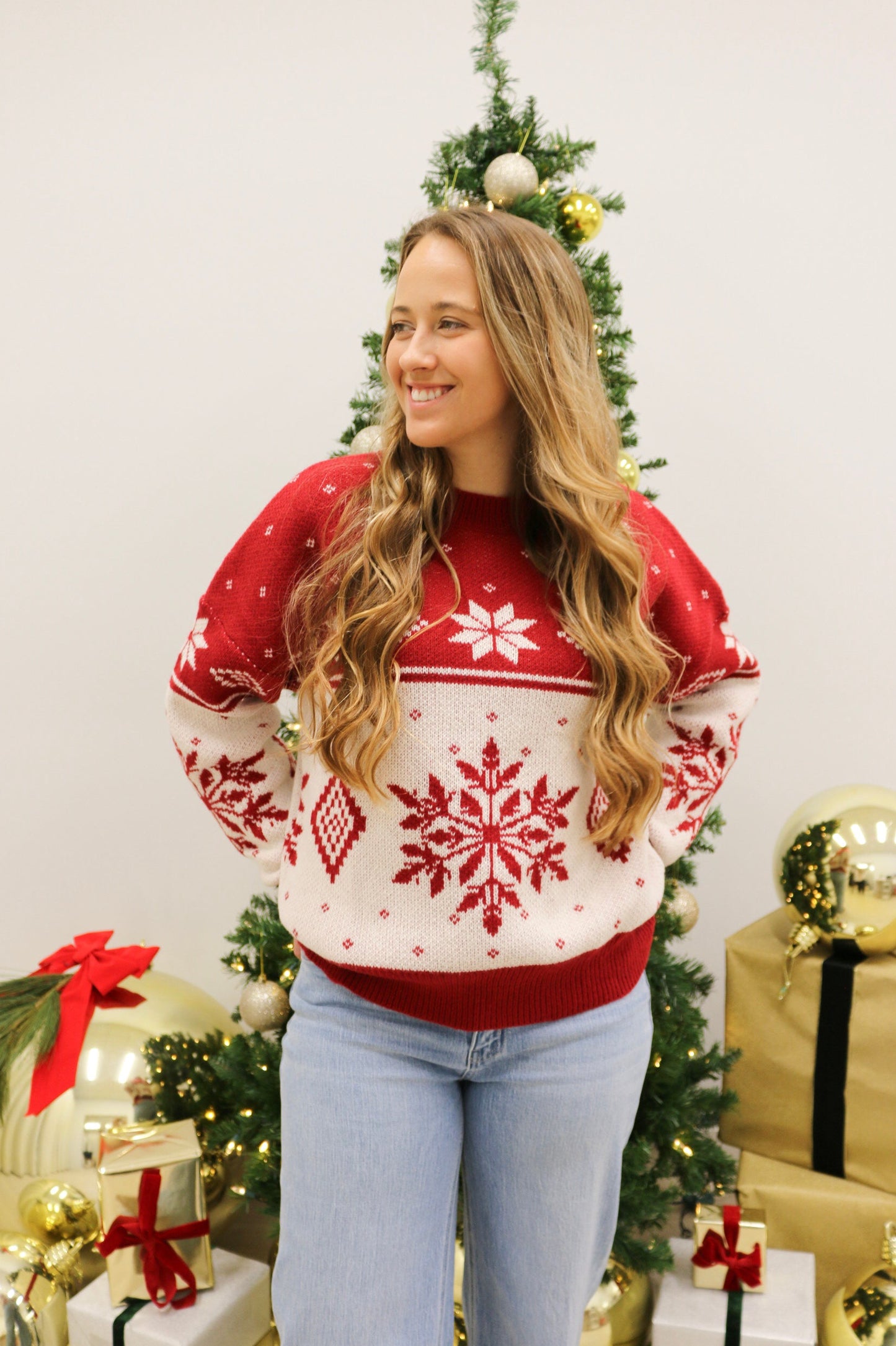Snowflake Fairisle Oversized Crewneck Sweater - Red Multi