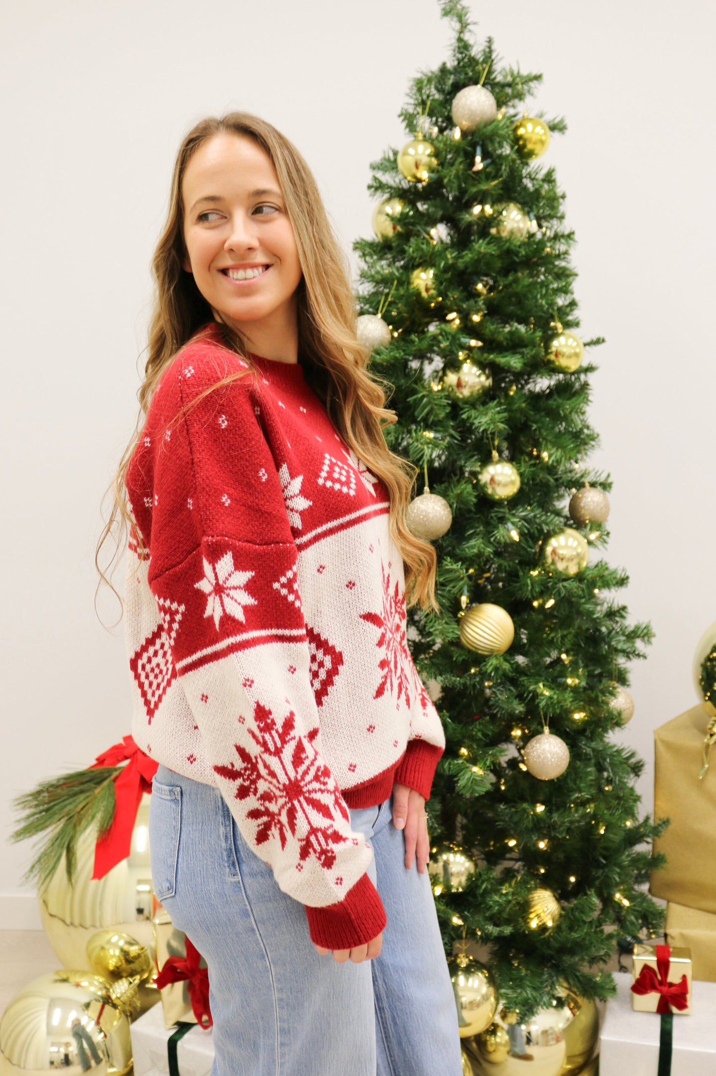 Snowflake Fairisle Oversized Crewneck Sweater - Red Multi