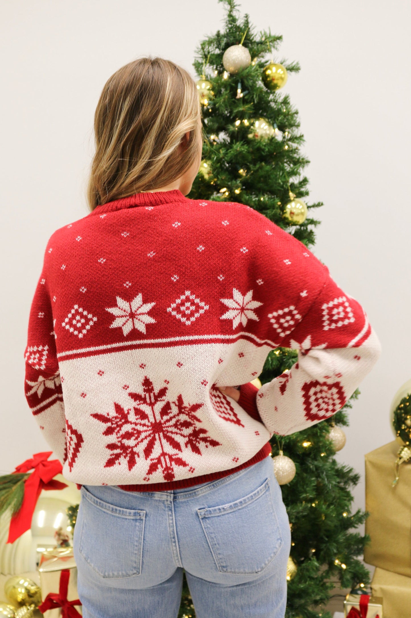 Snowflake Fairisle Oversized Crewneck Sweater - Red Multi