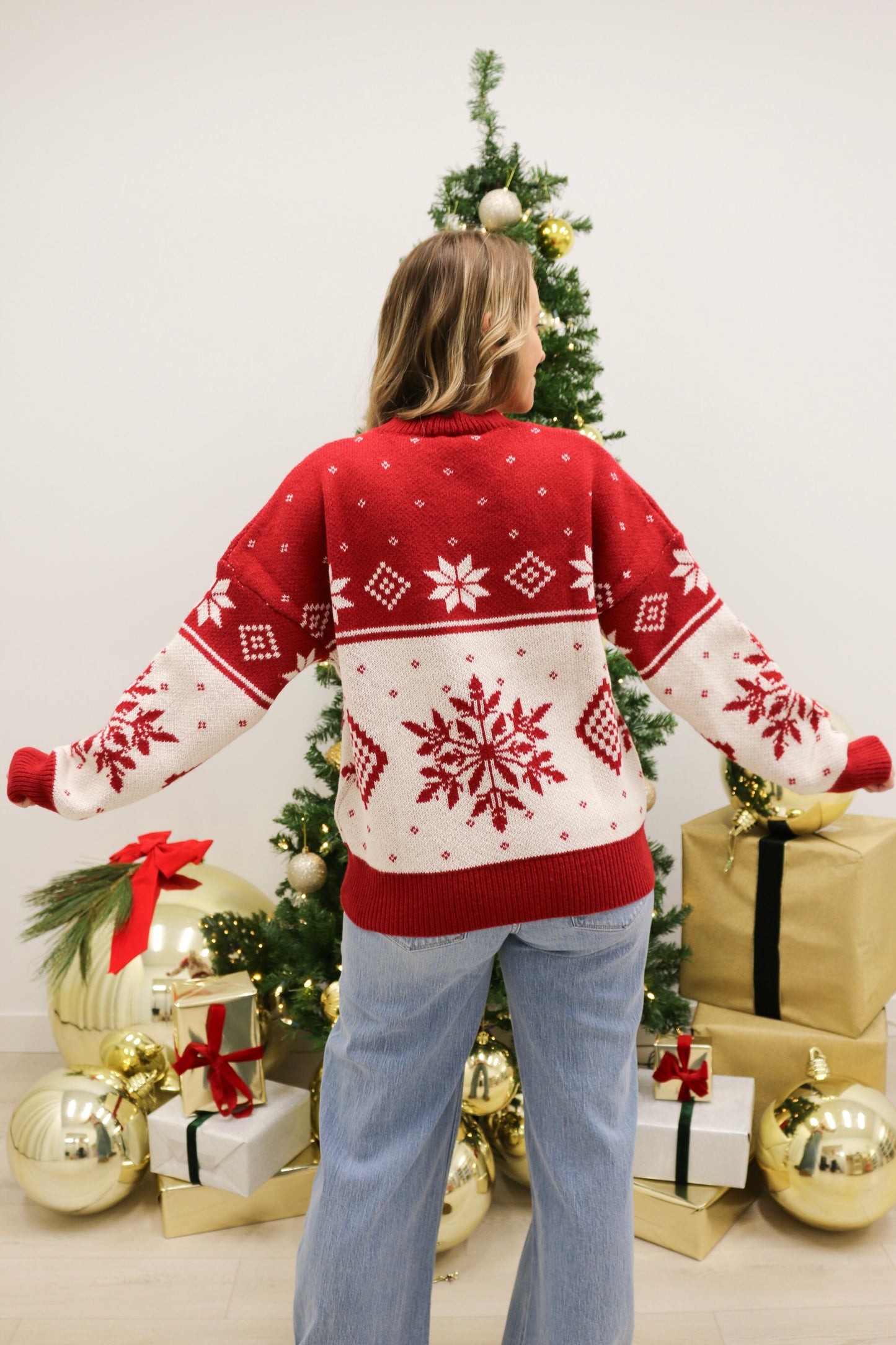 Snowflake Fairisle Oversized Crewneck Sweater - Red Multi