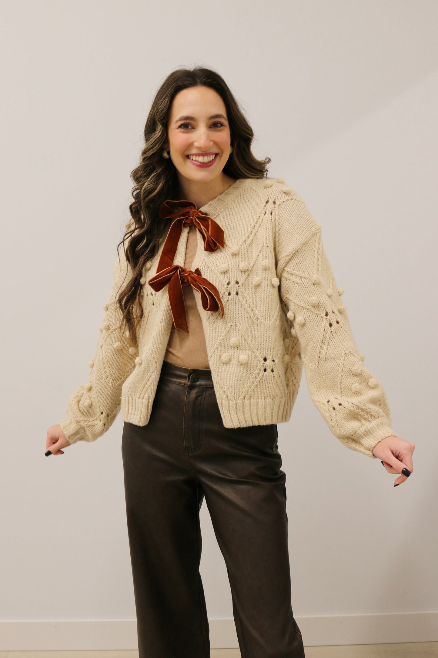 Tanner Long Sleeve Stitched Cardigan with Velvet Bow Front - Beige Brown