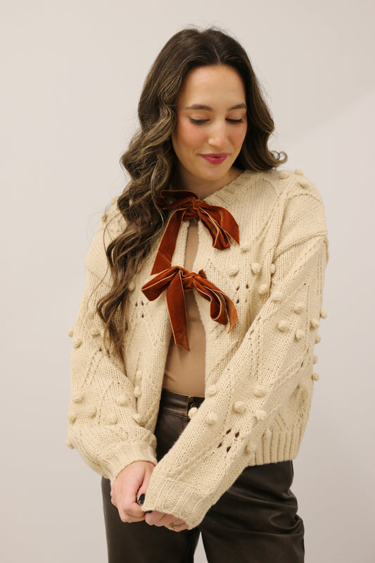 Tanner Long Sleeve Stitched Cardigan with Velvet Bow Front - Beige Brown