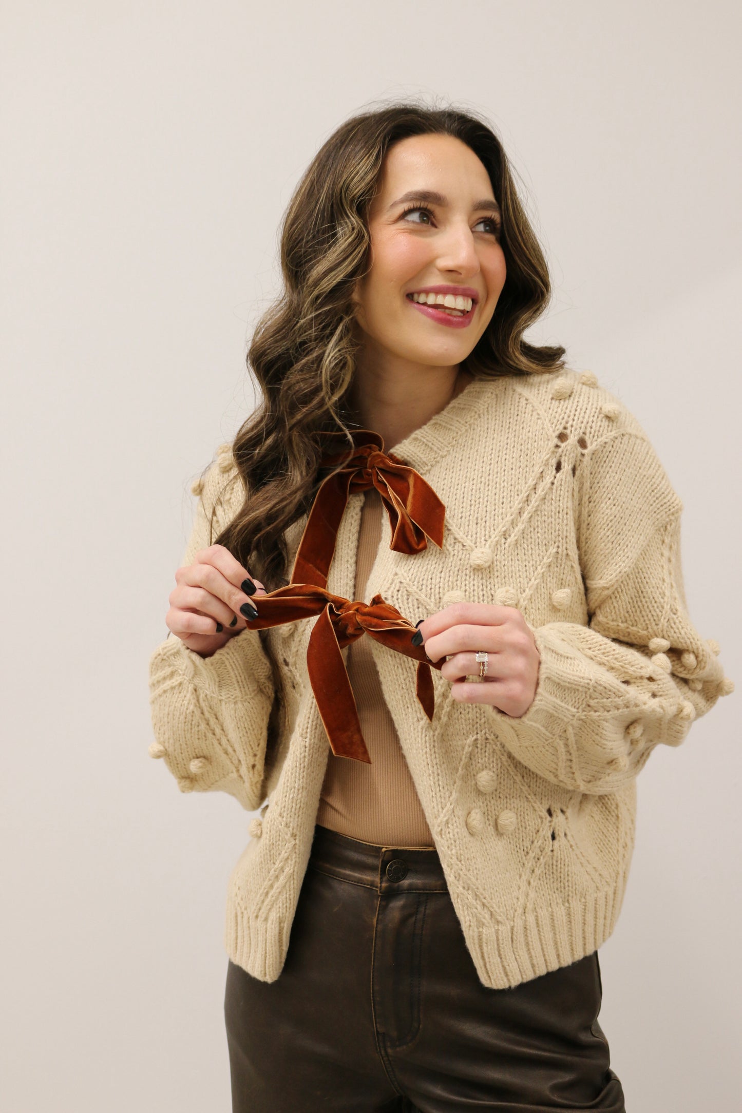Tanner Long Sleeve Stitched Cardigan with Velvet Bow Front - Beige Brown