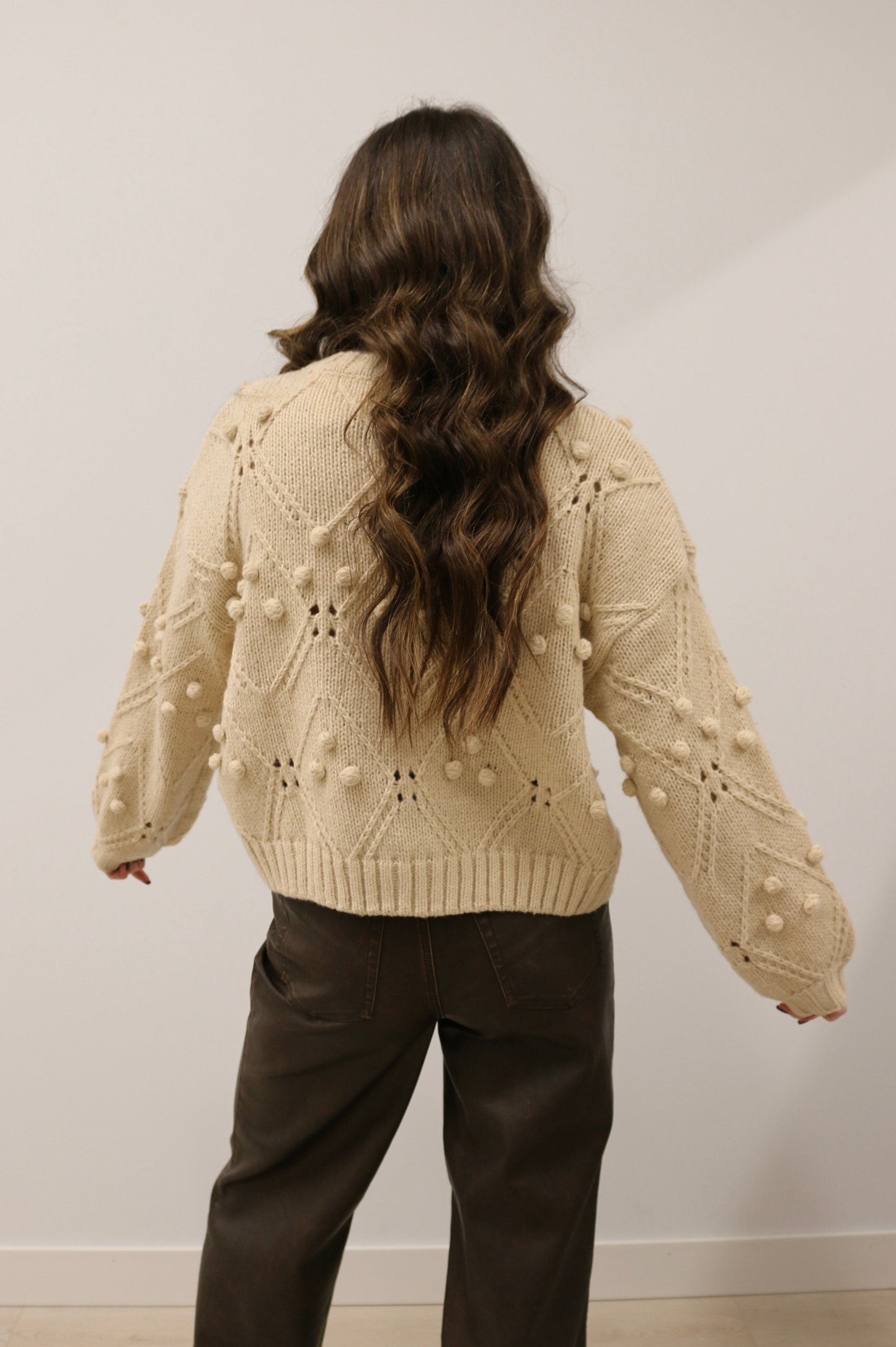 Tanner Long Sleeve Stitched Cardigan with Velvet Bow Front - Beige Brown