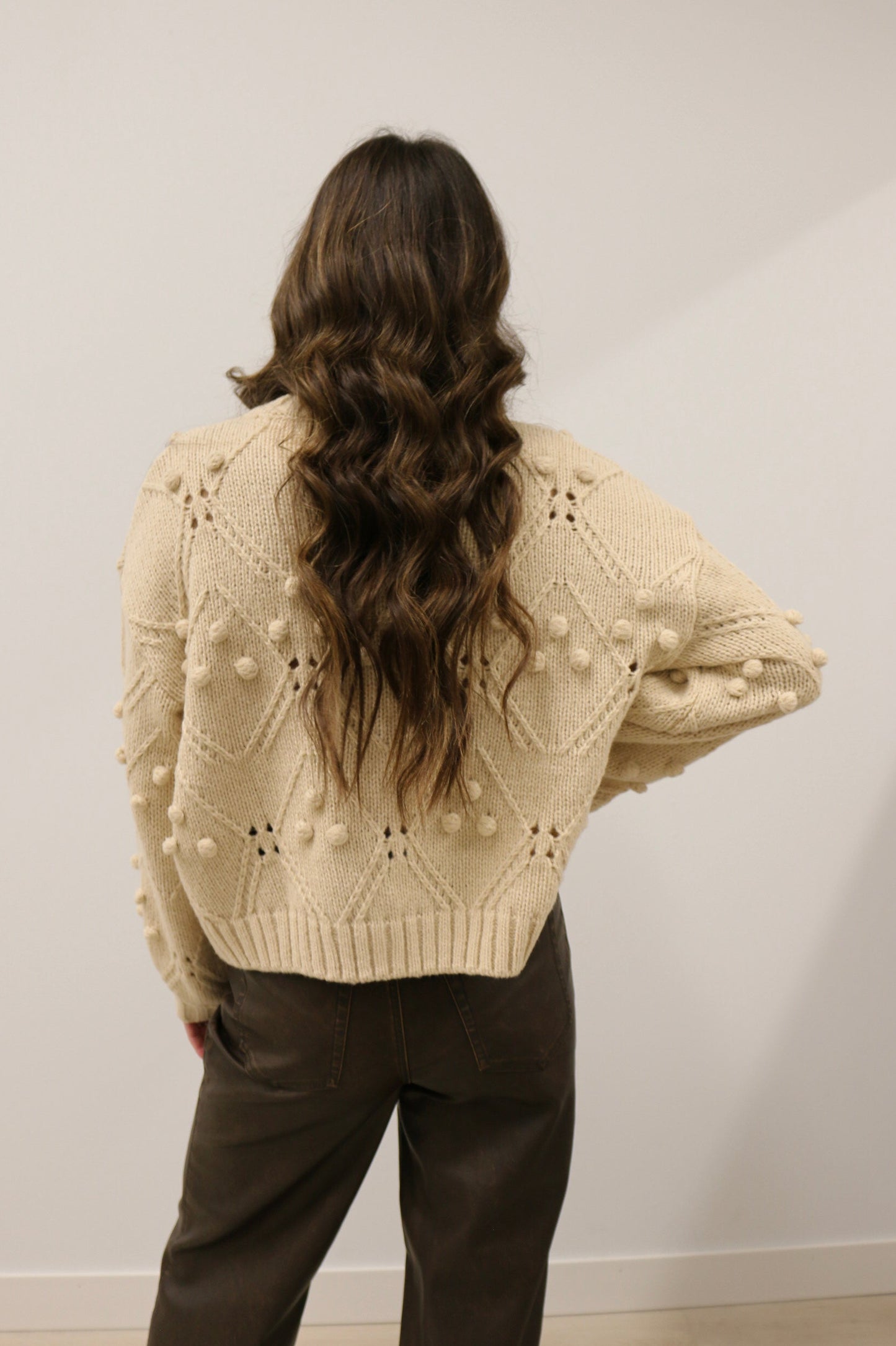 Tanner Long Sleeve Stitched Cardigan with Velvet Bow Front - Beige Brown