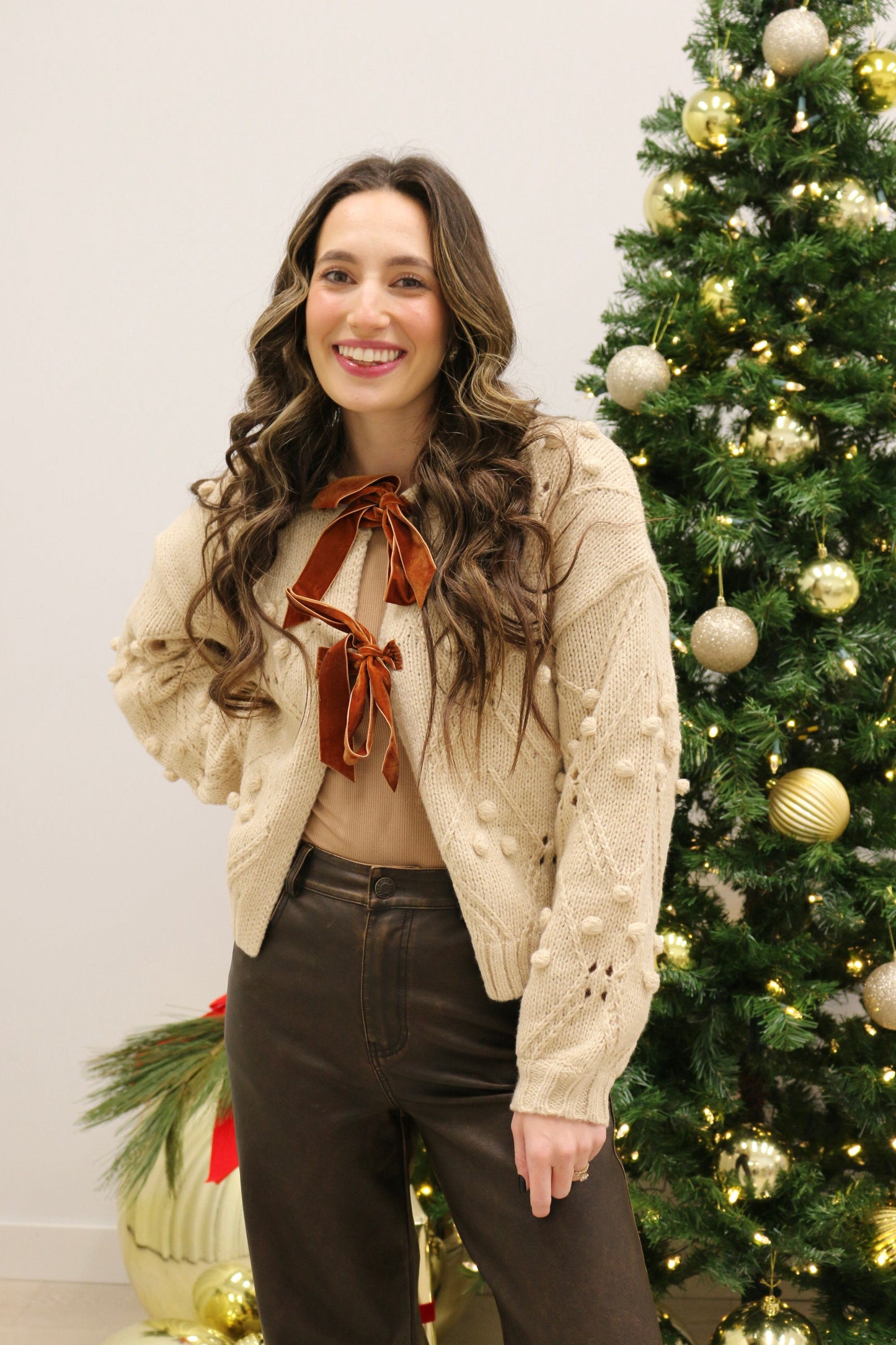 Tanner Long Sleeve Stitched Cardigan with Velvet Bow Front - Beige Brown