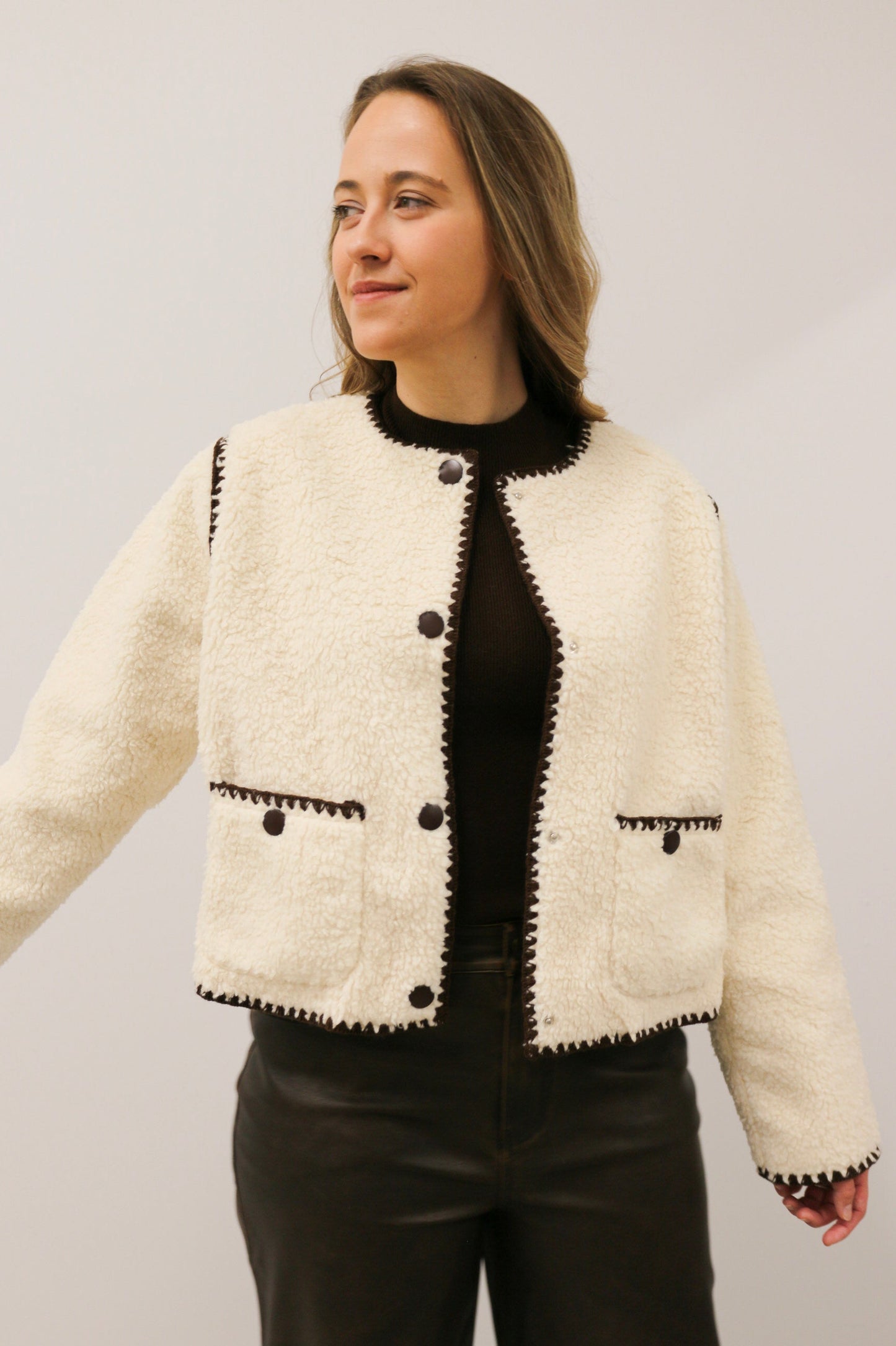 Tate Blanket Stitch Snap Button Sherpa Jacket - Cream Brown