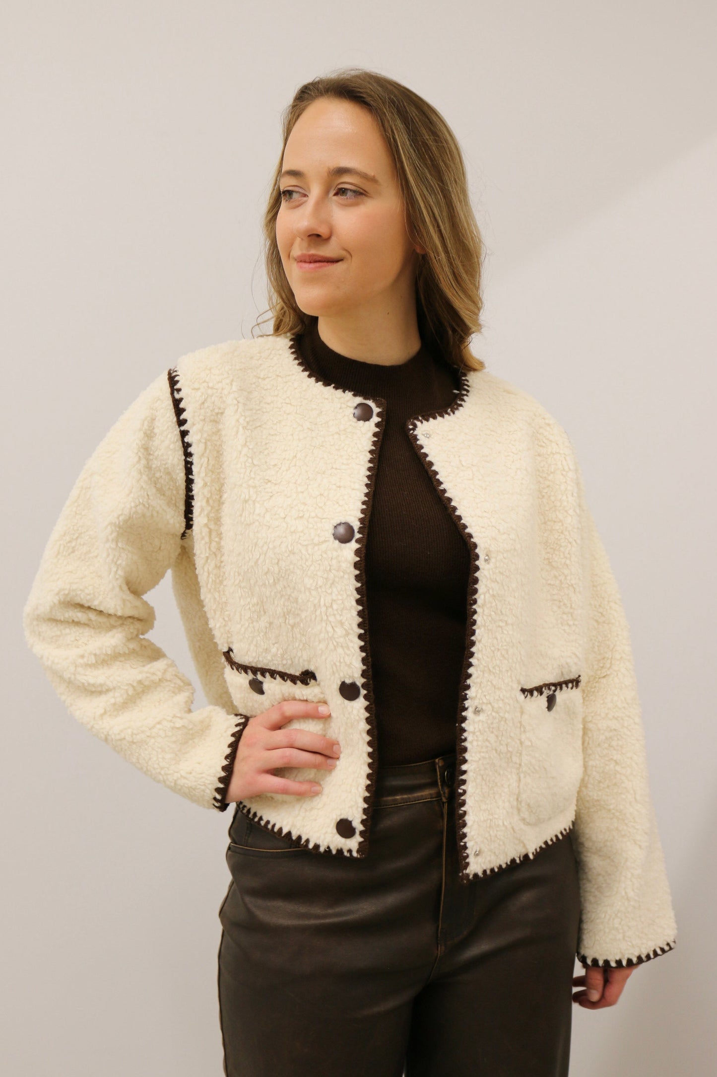 Tate Blanket Stitch Snap Button Sherpa Jacket - Cream Brown