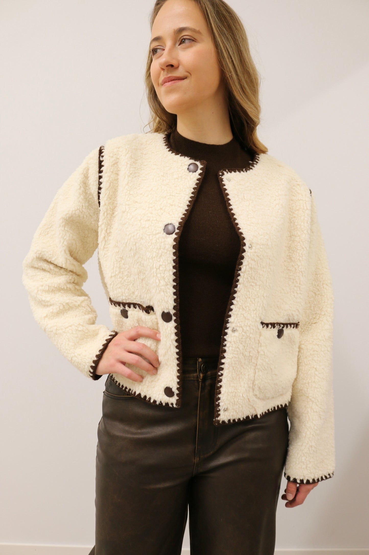 Tate Blanket Stitch Snap Button Sherpa Jacket - Cream Brown