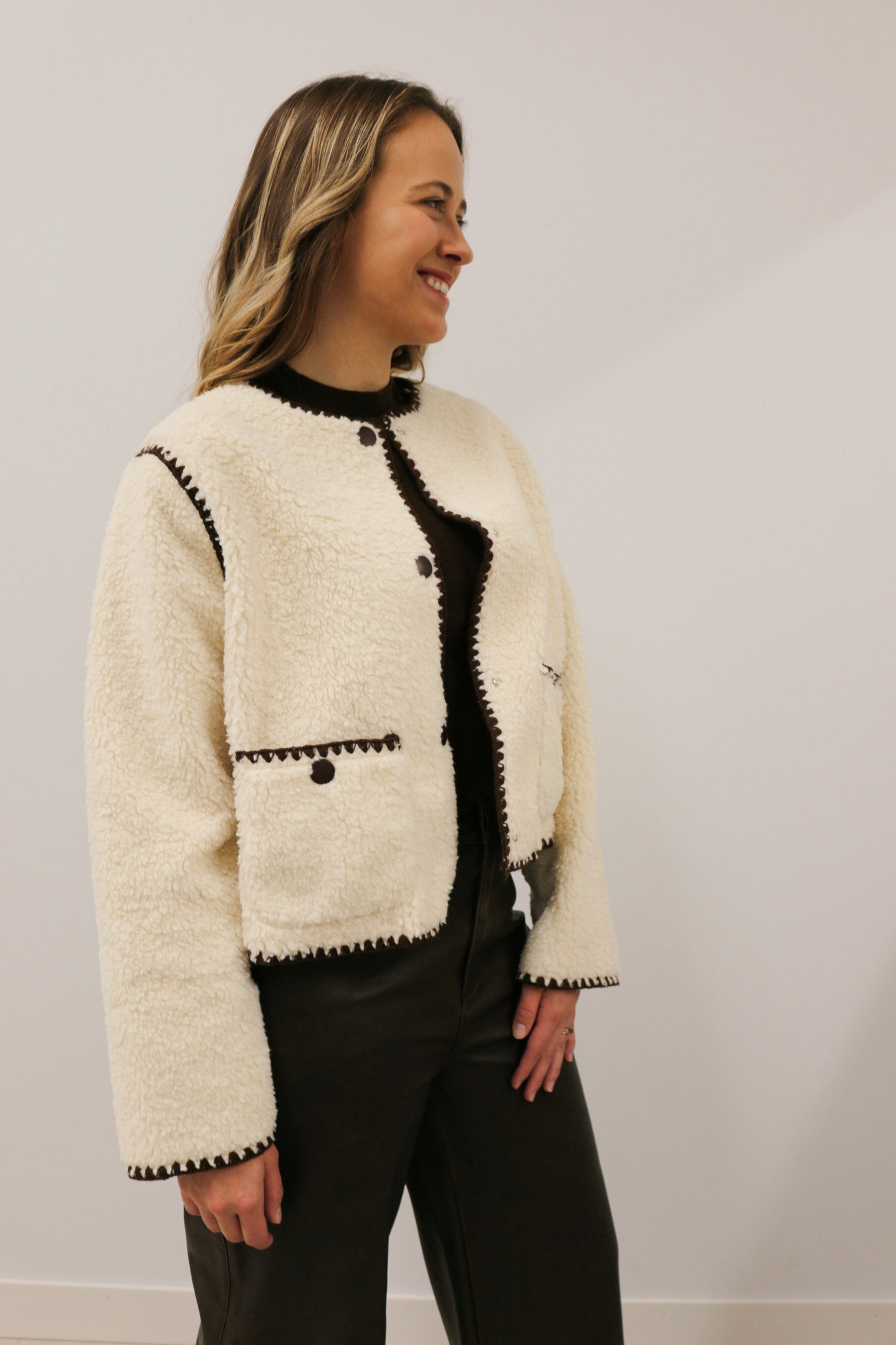 Tate Blanket Stitch Snap Button Sherpa Jacket - Cream Brown