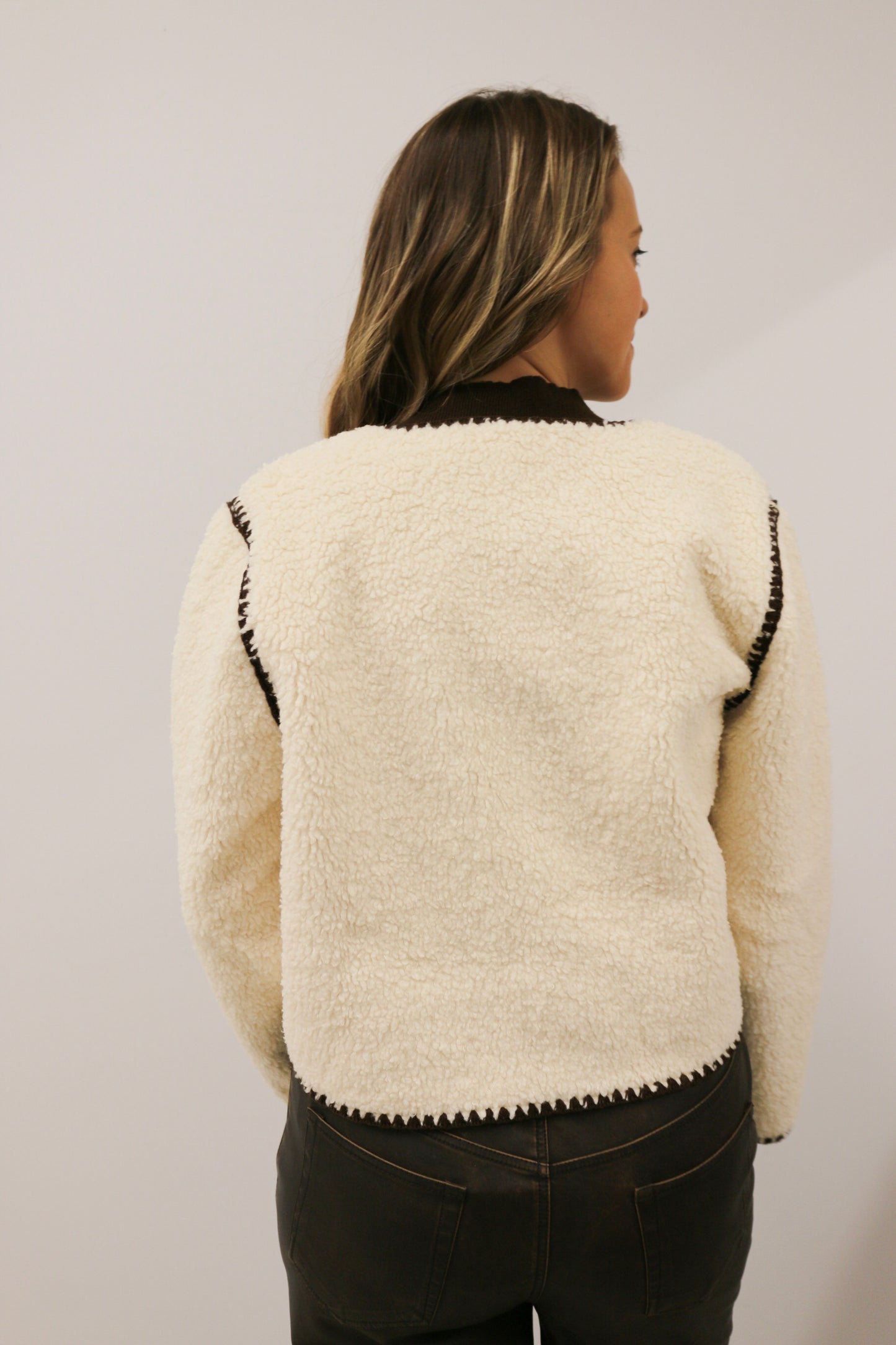 Tate Blanket Stitch Snap Button Sherpa Jacket - Cream Brown