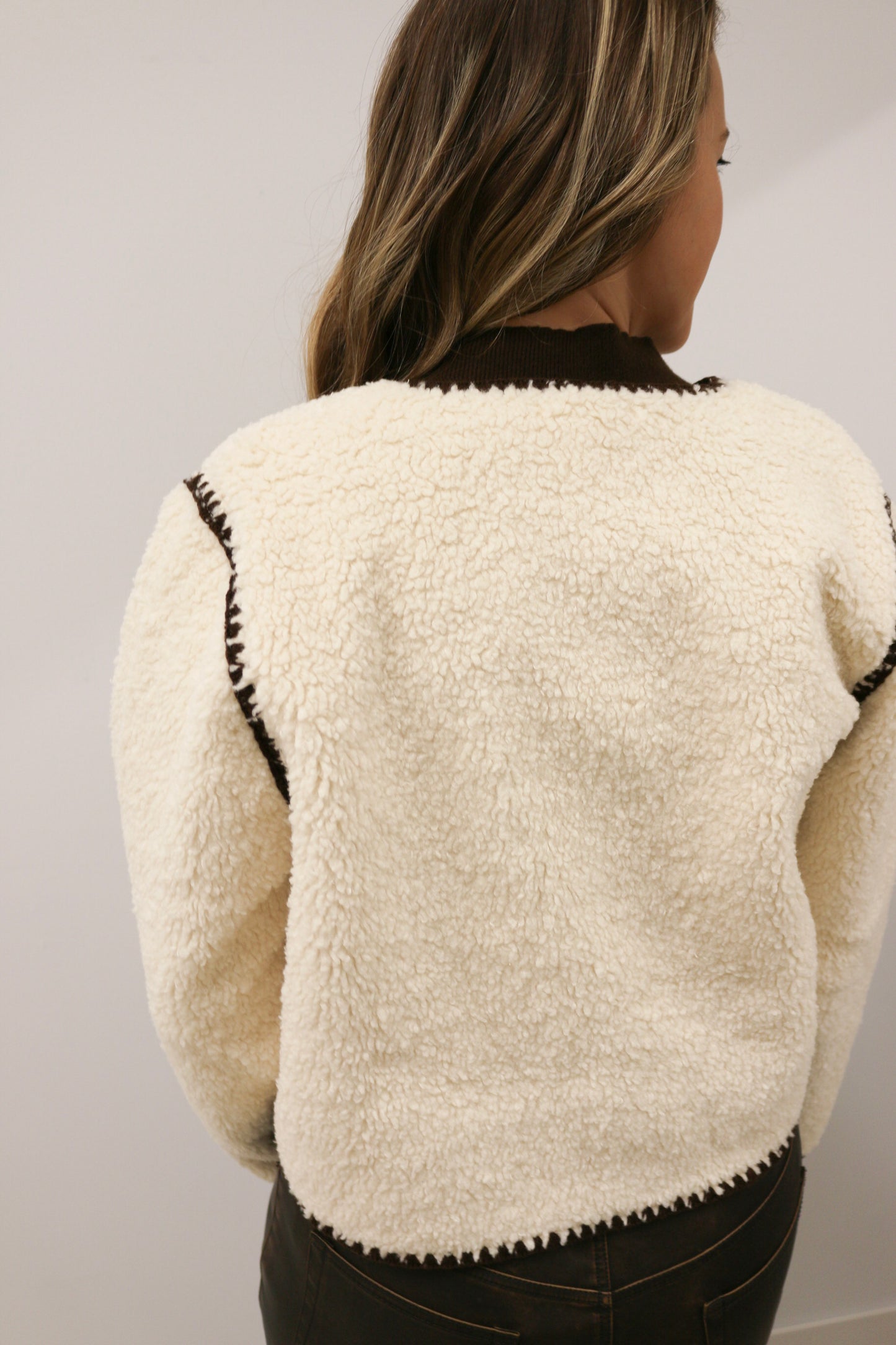 Tate Blanket Stitch Snap Button Sherpa Jacket - Cream Brown