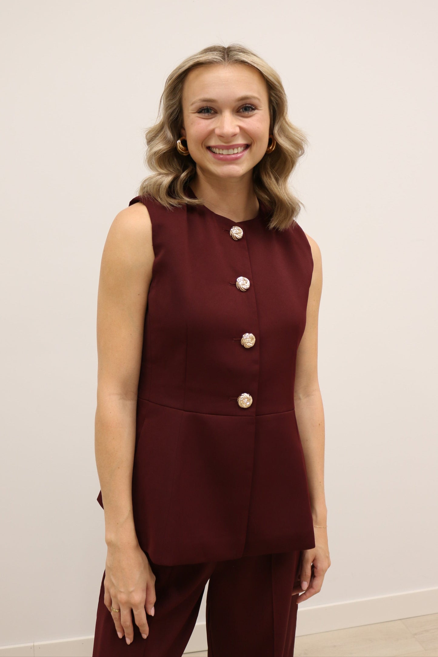 Aidette Structured Gold Button Front Vest - Burgundy