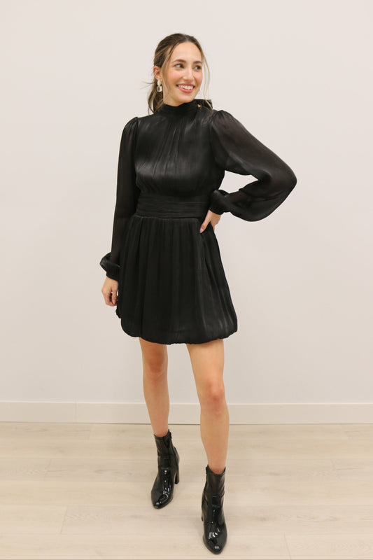 Astra Bow Neck Bubble Hem Long Sleeve Mini Dress - Black