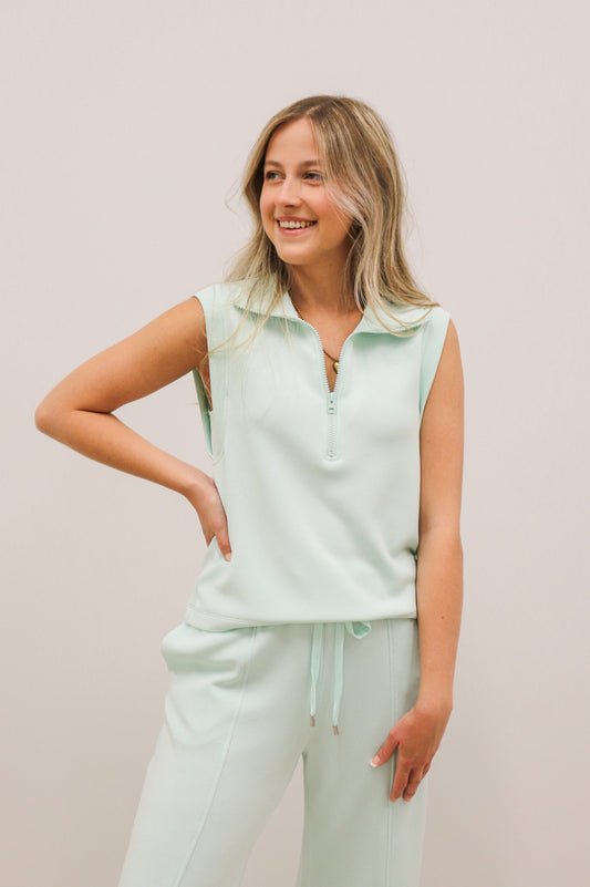 Soft Modal Athleisure Sleeveless Half Zip Top - Ice Mint