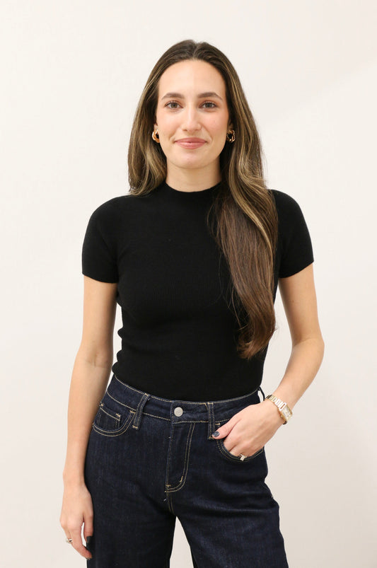 Aura Short Sleeve Soft Knit Sweater Top - Black
